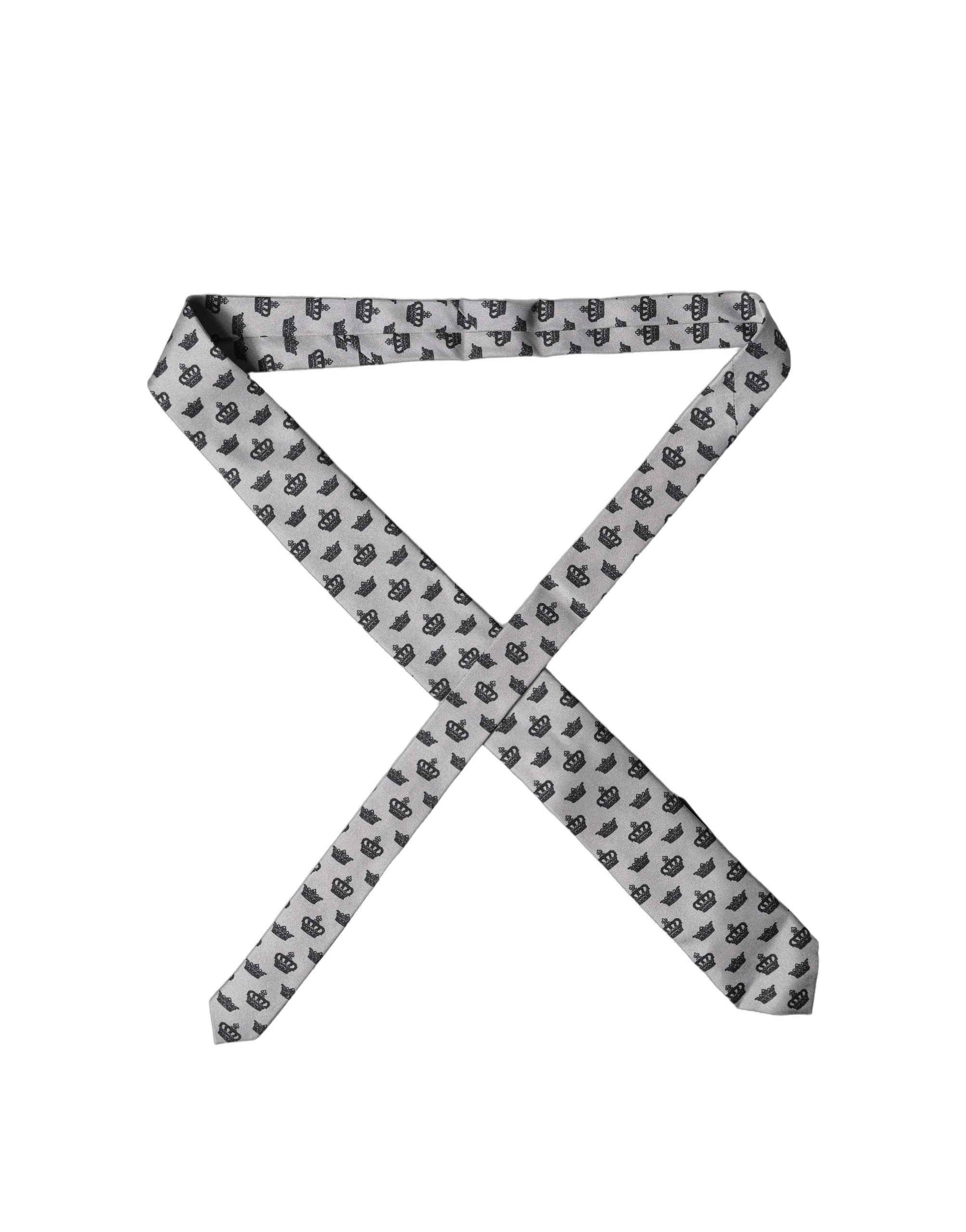 Dolce & Gabbana Gray Crown Fantasy Silk Adjustable Men Tied Necktie Tie Dolce & Gabbana