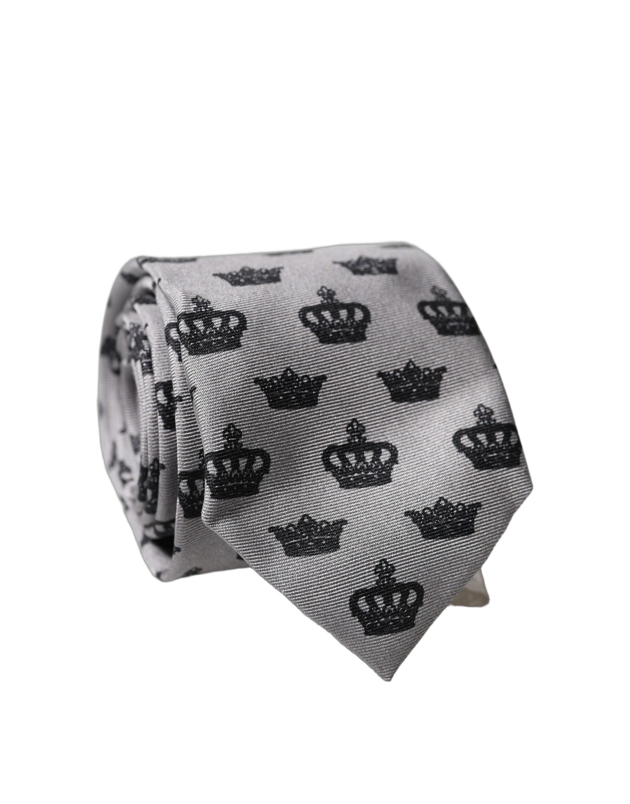 Dolce & Gabbana Gray Crown Fantasy Silk Adjustable Men Tied Necktie Tie Dolce & Gabbana
