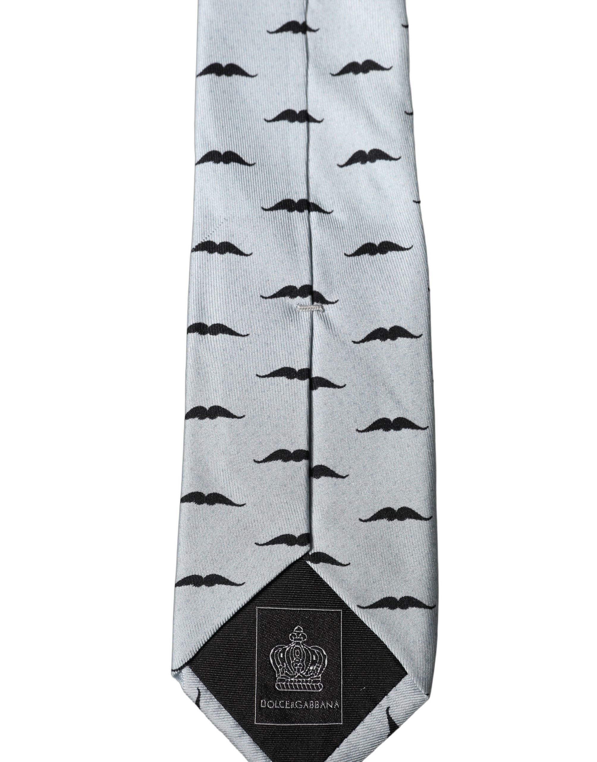 Dolce & Gabbana Light Gray Mustache Fantasy Silk Adjustable Necktie Tie Dolce & Gabbana