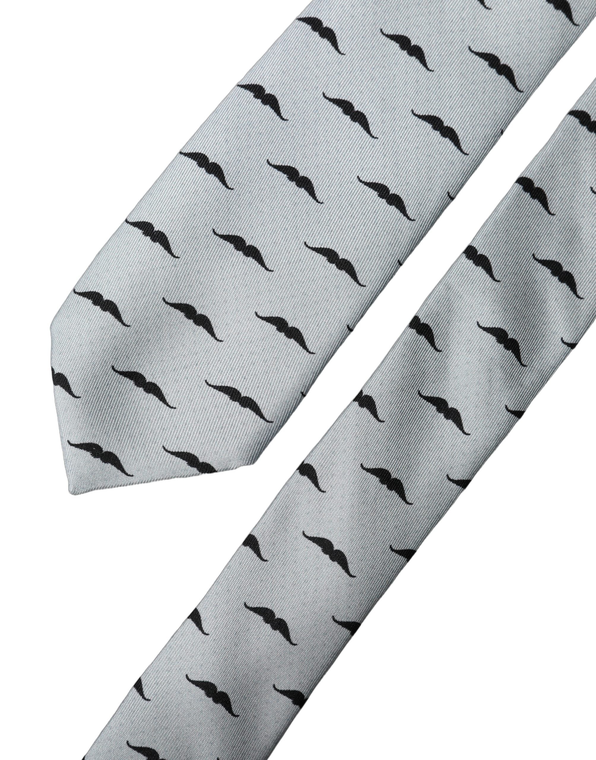 Dolce & Gabbana Light Gray Mustache Fantasy Silk Adjustable Necktie Tie Dolce & Gabbana