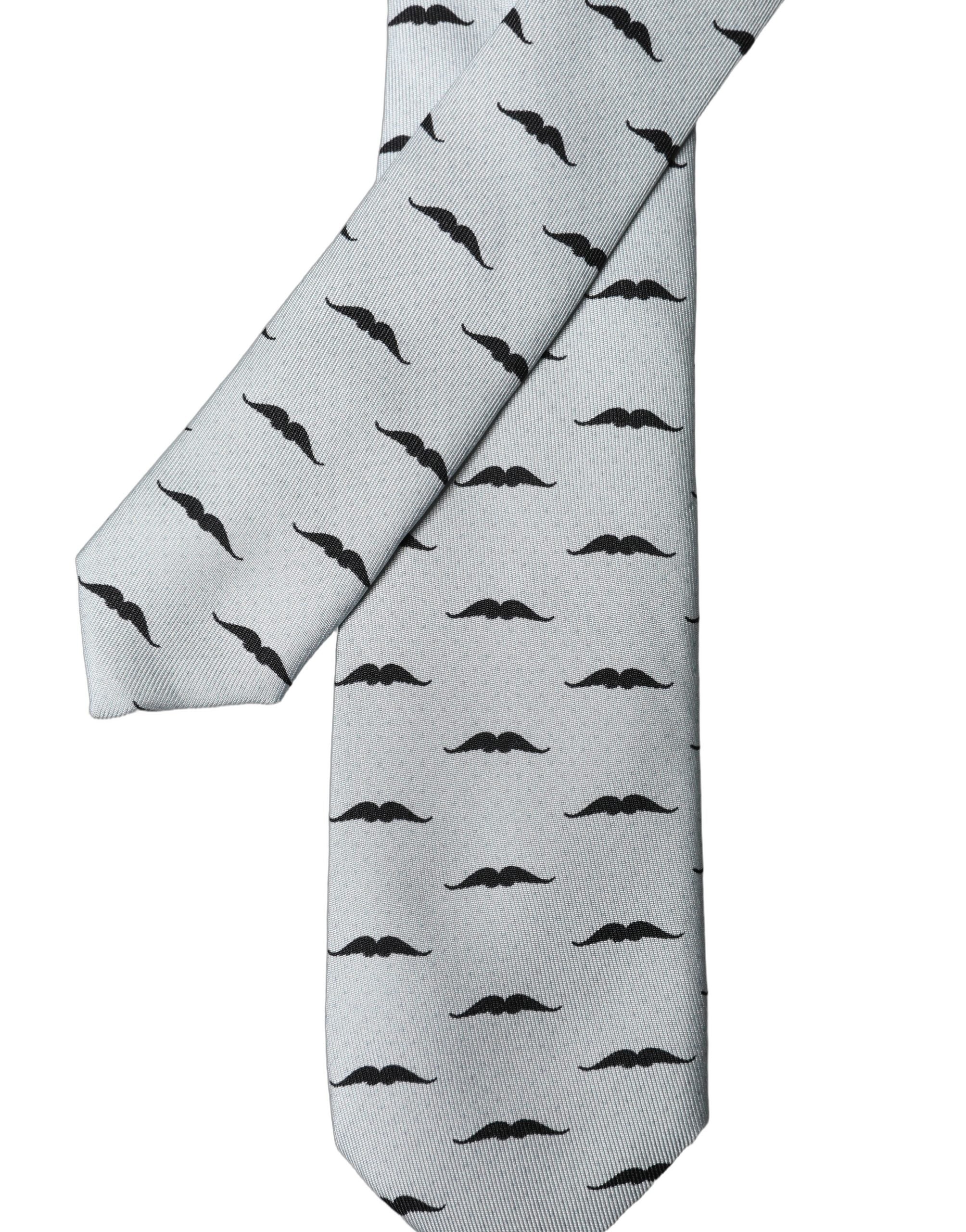 Dolce & Gabbana Light Gray Mustache Fantasy Silk Adjustable Necktie Tie Dolce & Gabbana