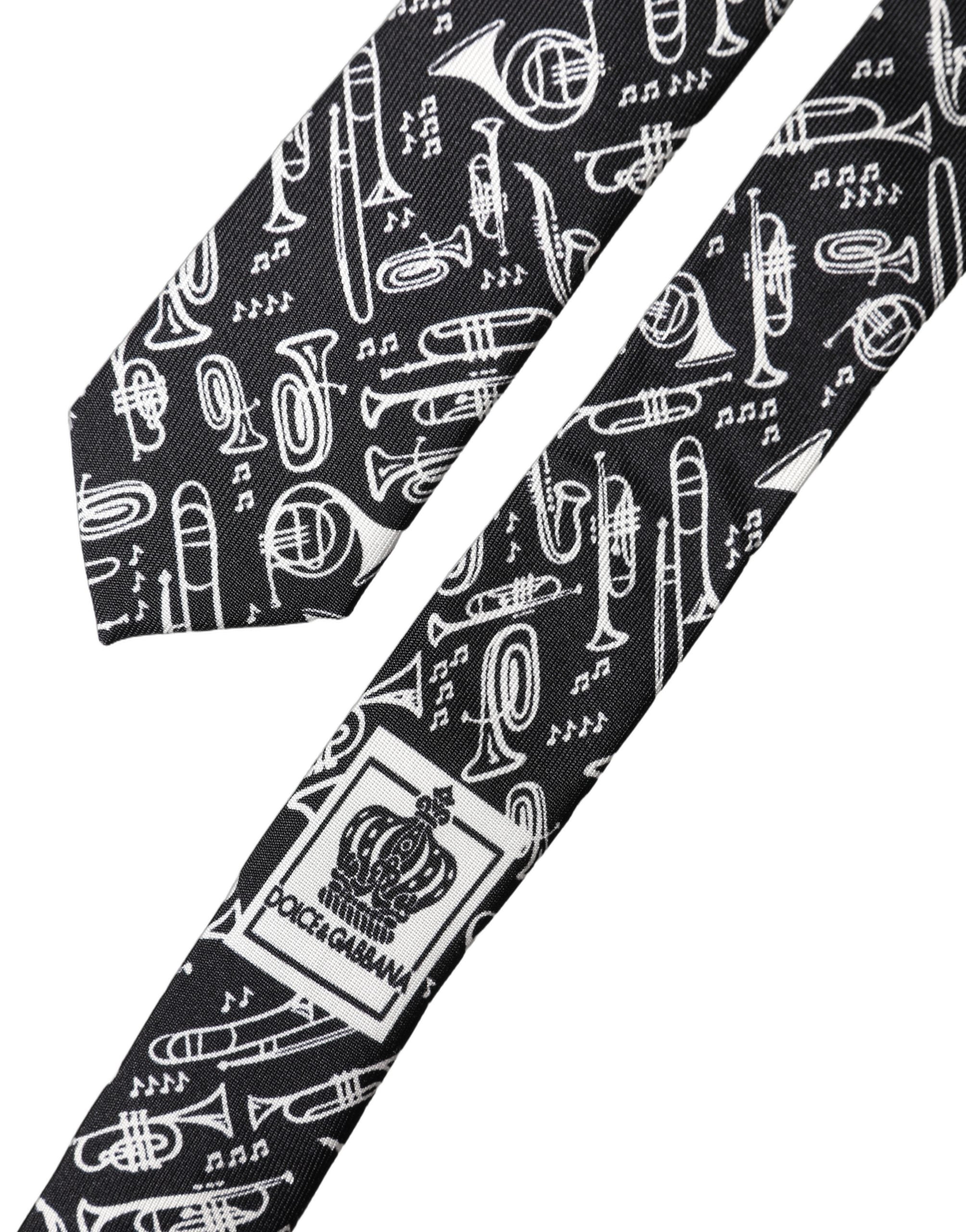 Dolce & Gabbana Black Trumpet Print Silk Adjustable Men Tied Necktie Tie Dolce & Gabbana