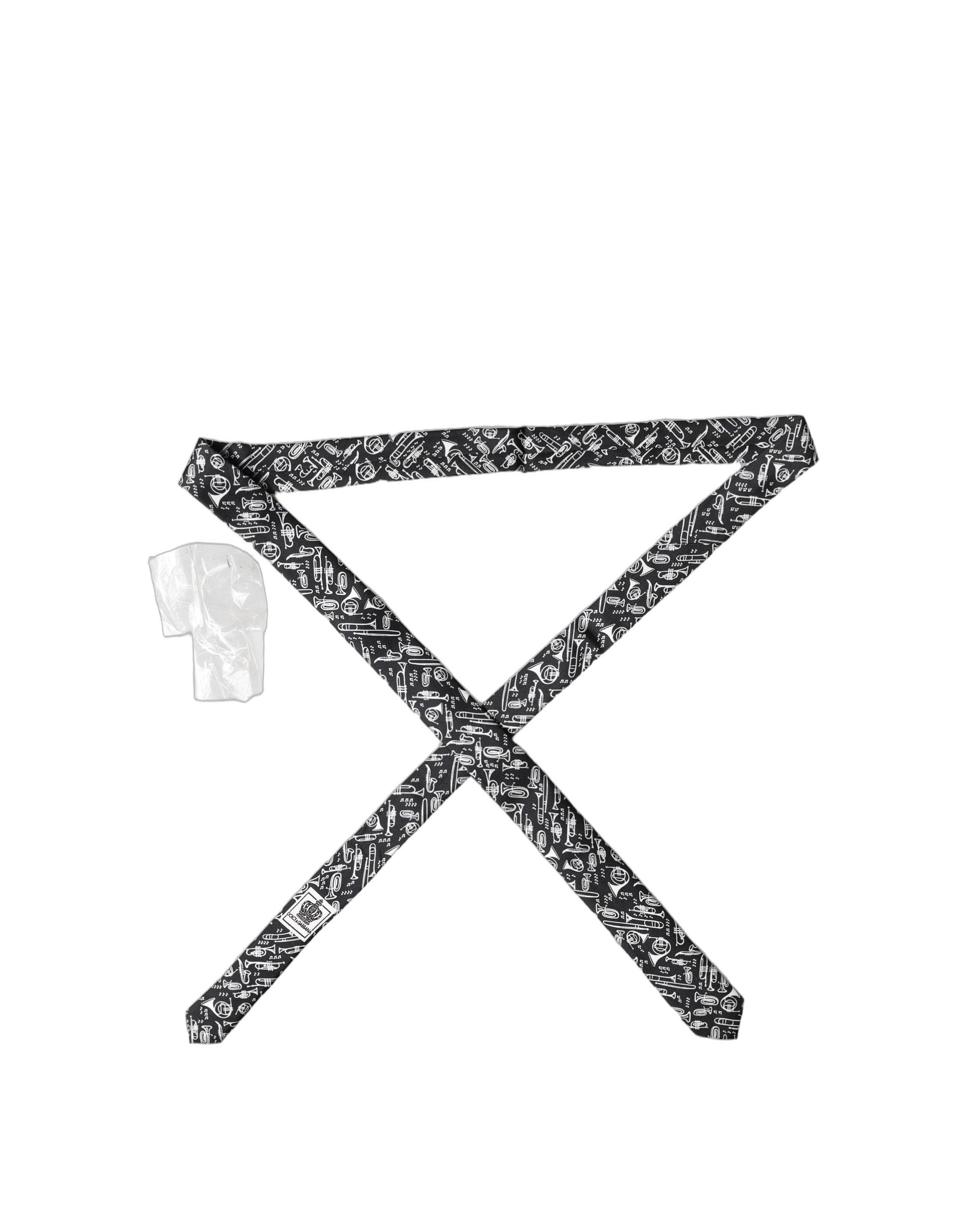 Dolce & Gabbana Black Trumpet Print Silk Adjustable Men Tied Necktie Tie Dolce & Gabbana