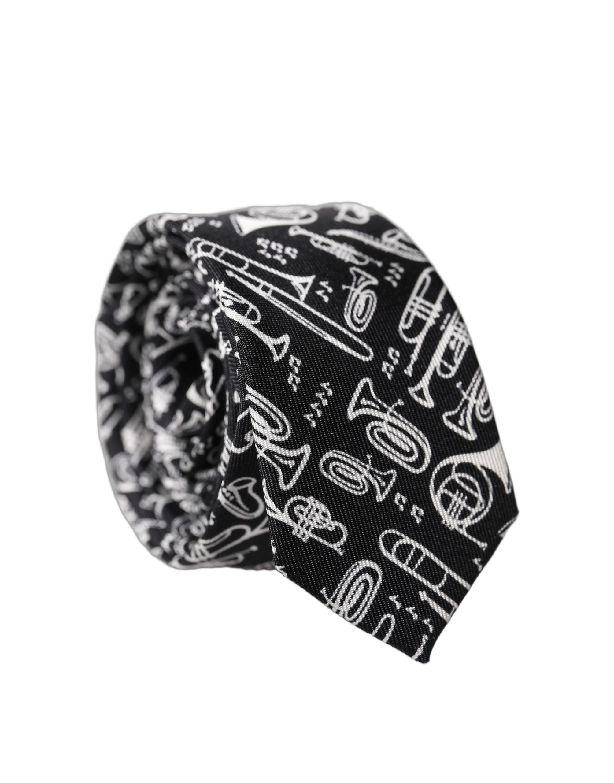 Dolce & Gabbana Black Trumpet Print Silk Adjustable Men Tied Necktie Tie Dolce & Gabbana