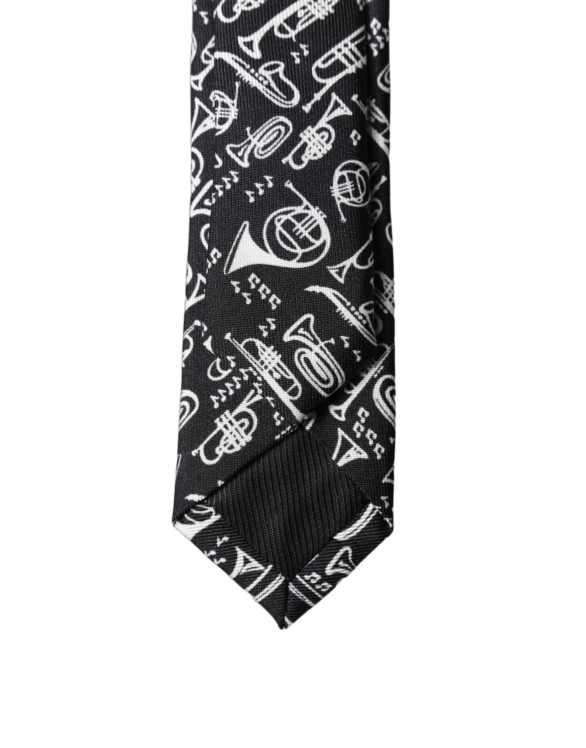 Dolce & Gabbana Black Trumpet Print Silk Adjustable Men Tied Necktie Tie Dolce & Gabbana