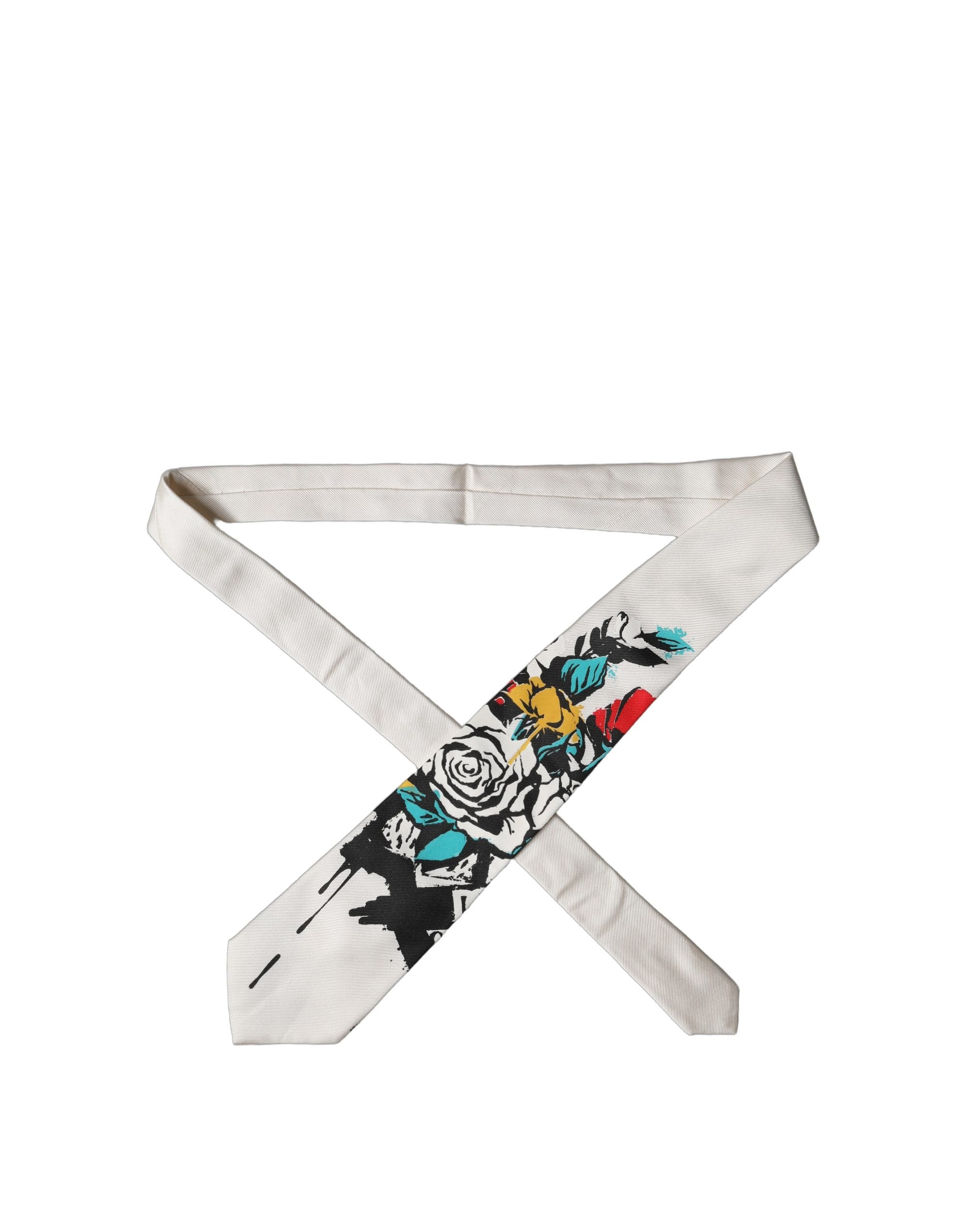 Dolce & Gabbana White Tattoo Floral Silk Adjustable Men Tied Necktie Tie Dolce & Gabbana