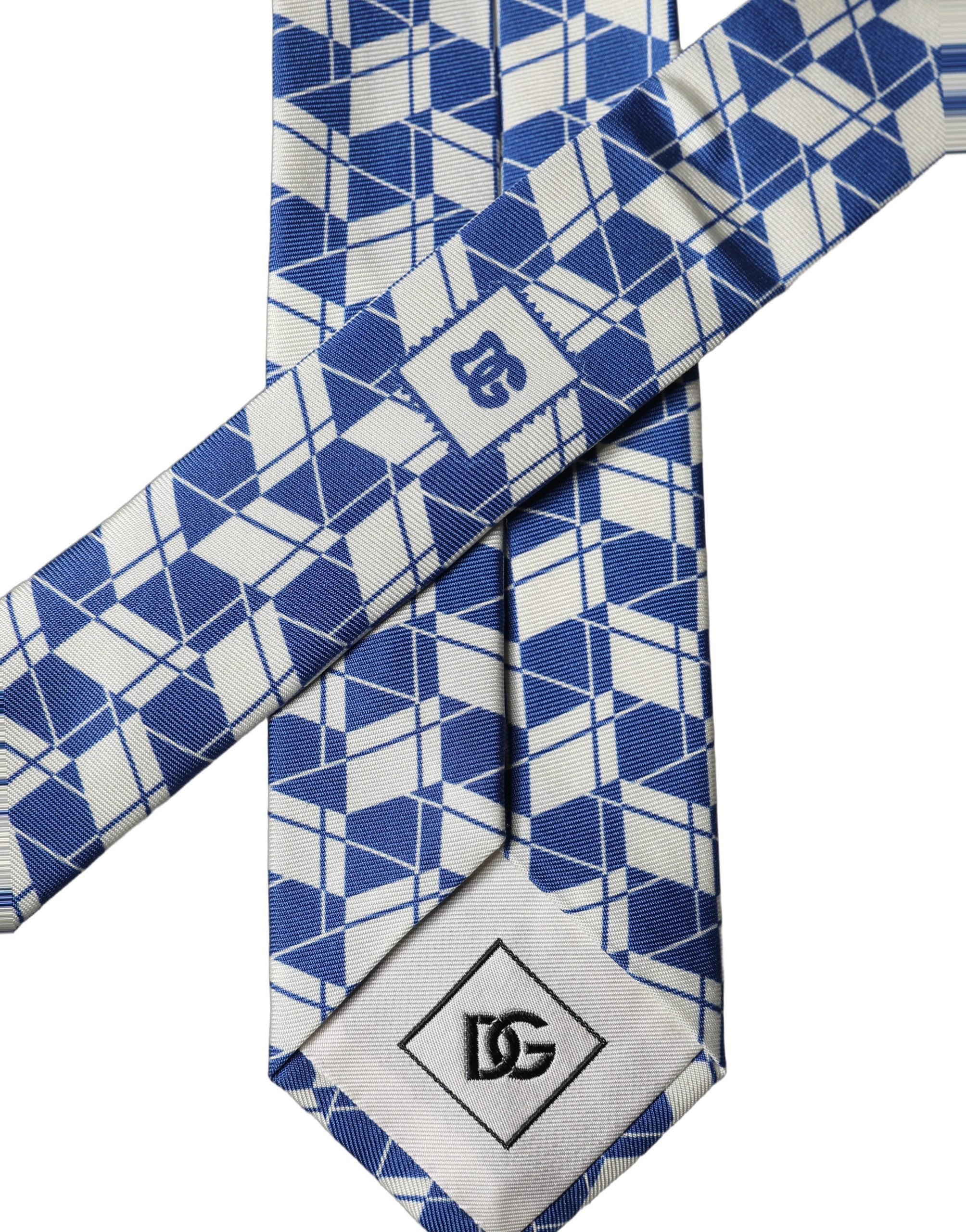 Dolce & Gabbana Blue White Geometric Silk Adjustable Men Tied Necktie Tie Dolce & Gabbana