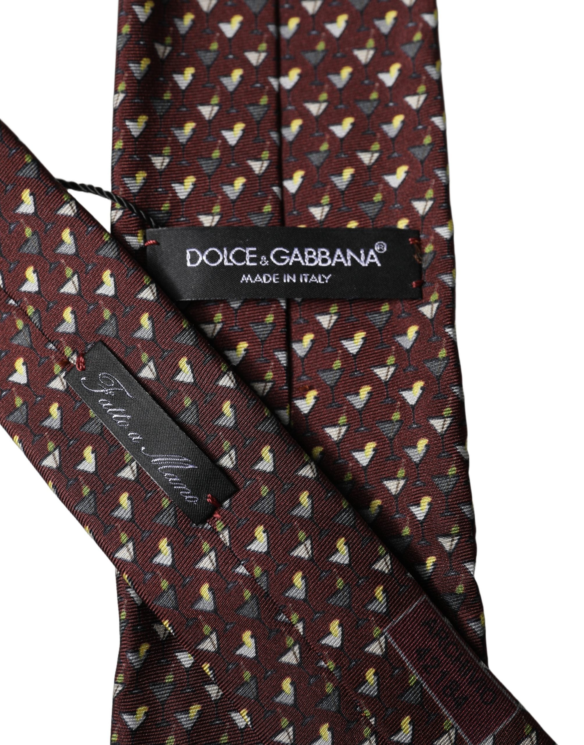 Dolce & Gabbana Burgundy Geometric Silk Adjustable Men Tied Necktie Tie Dolce & Gabbana