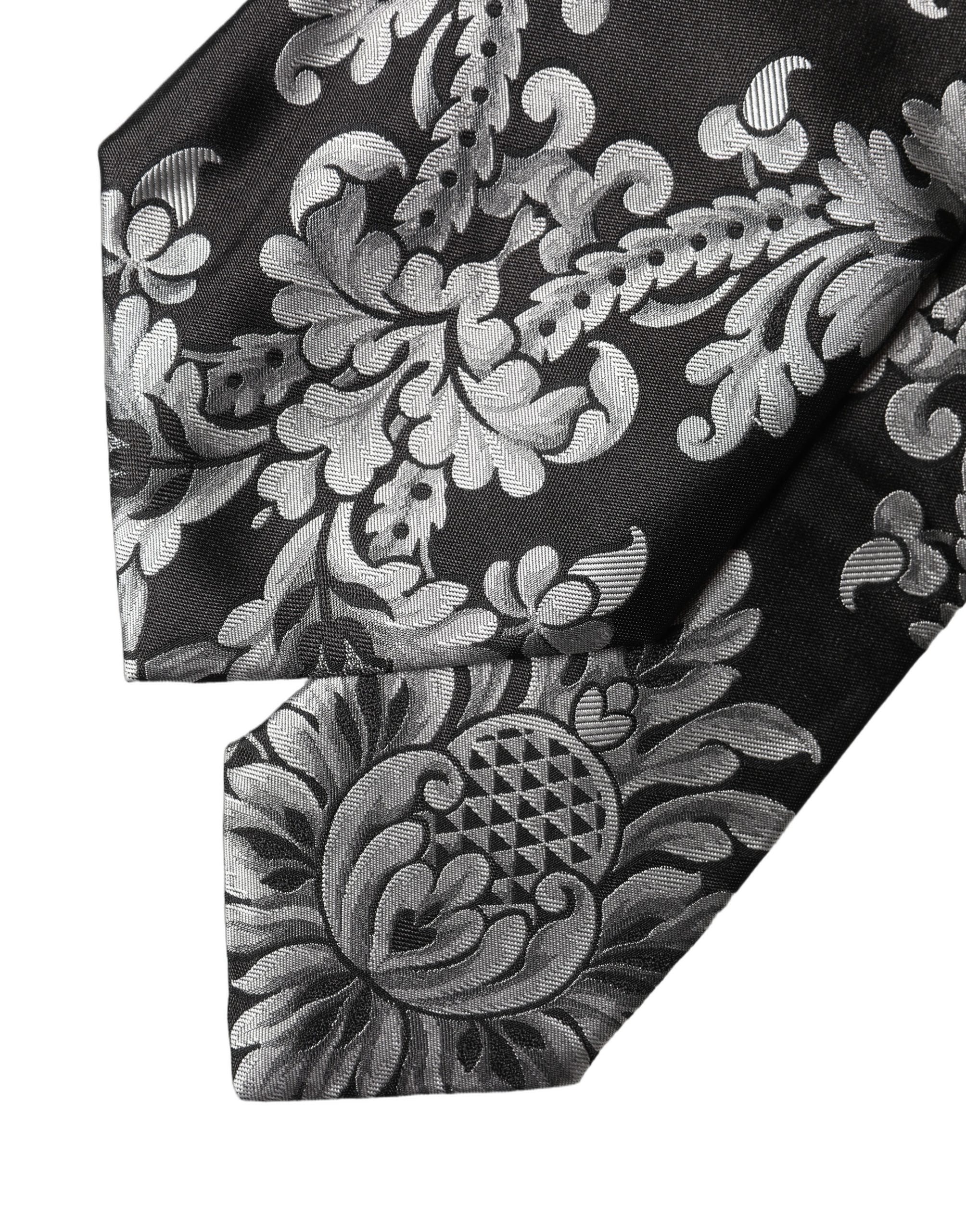 Dolce & Gabbana Black Silver Floral Silk Adjustable Women Necktie Tie Dolce & Gabbana