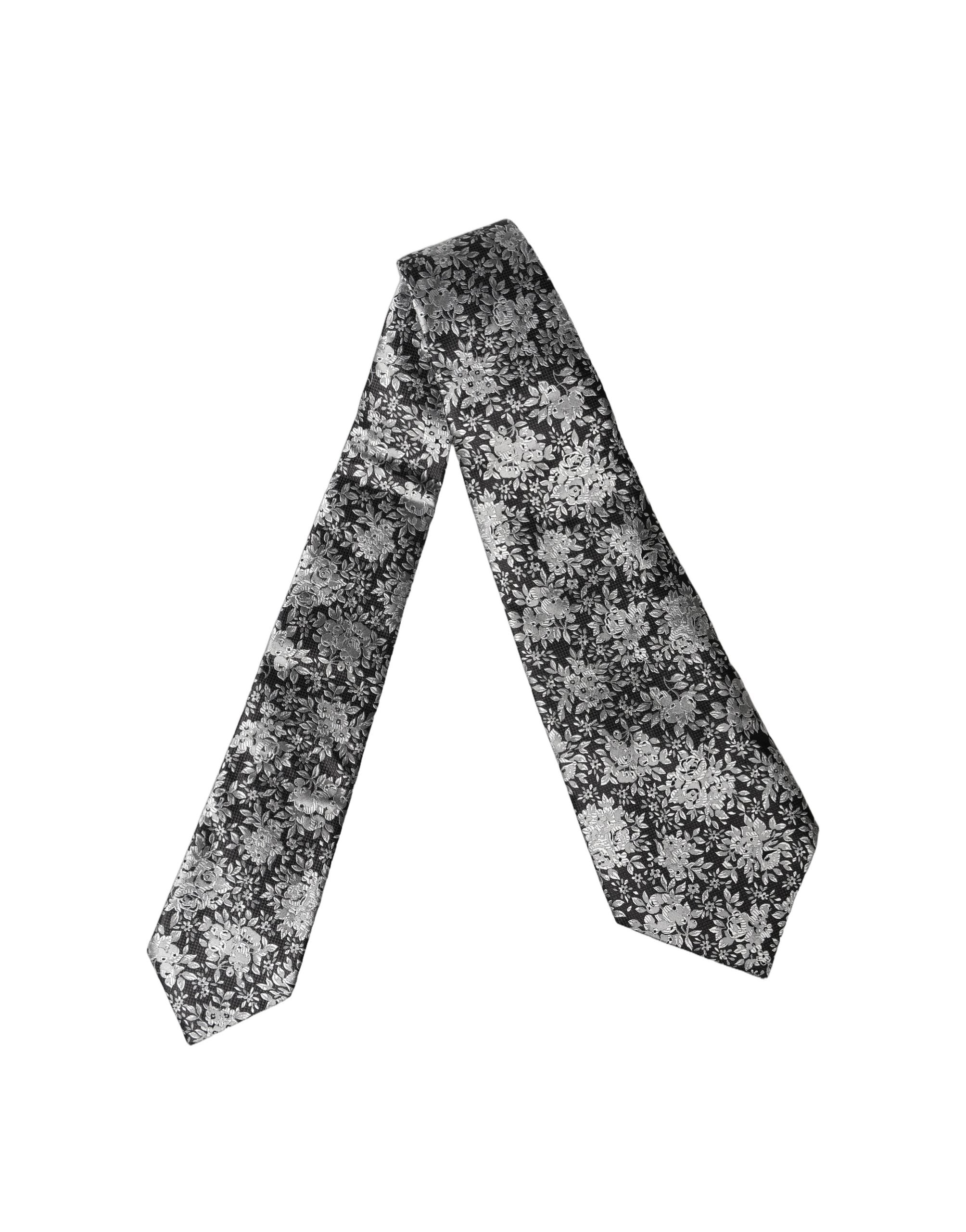 Dolce & Gabbana Black Silver Floral Silk Adjustable Women Necktie Tie Dolce & Gabbana