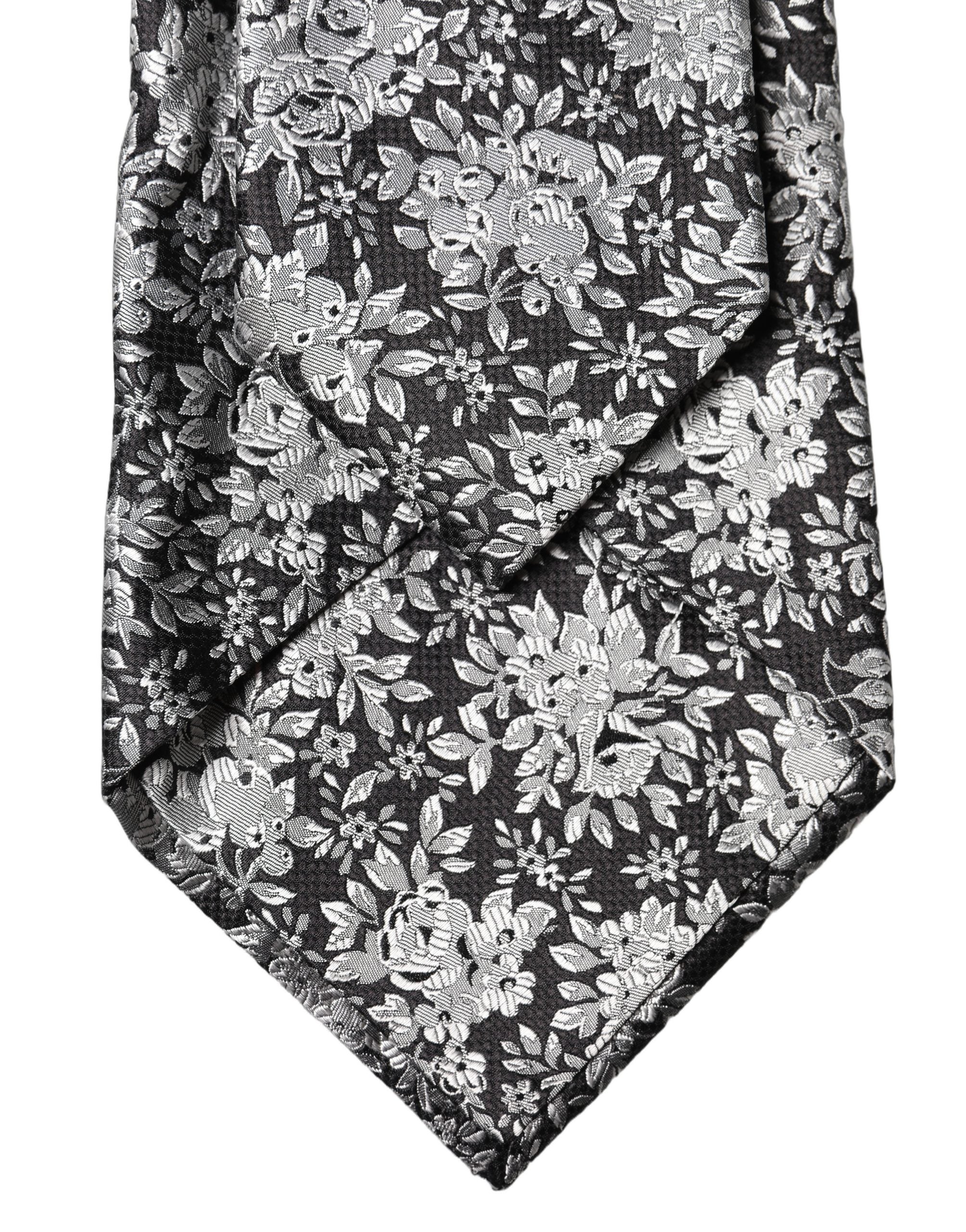 Dolce & Gabbana Black Silver Floral Silk Adjustable Women Necktie Tie Dolce & Gabbana
