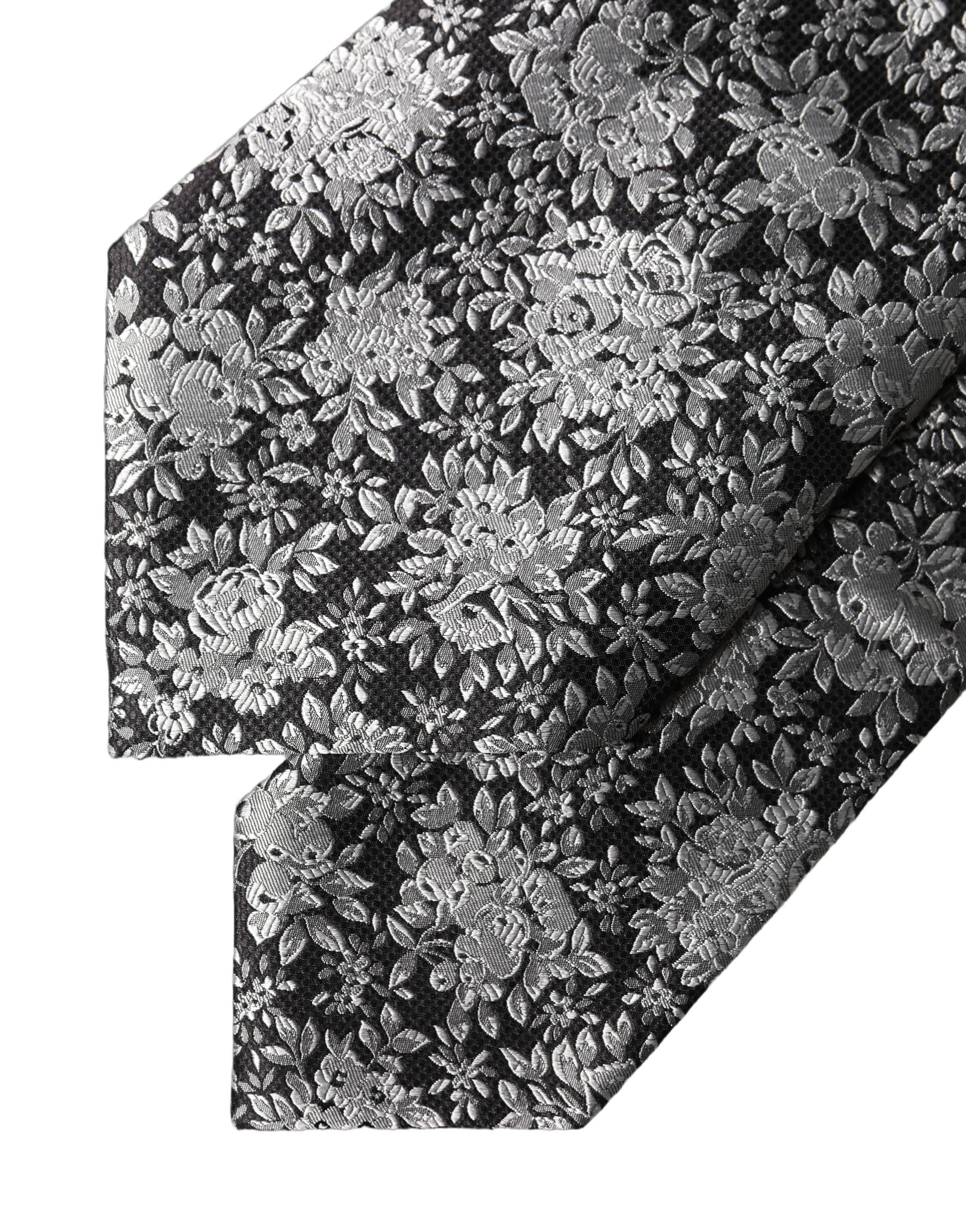 Dolce & Gabbana Black Silver Floral Silk Adjustable Women Necktie Tie Dolce & Gabbana