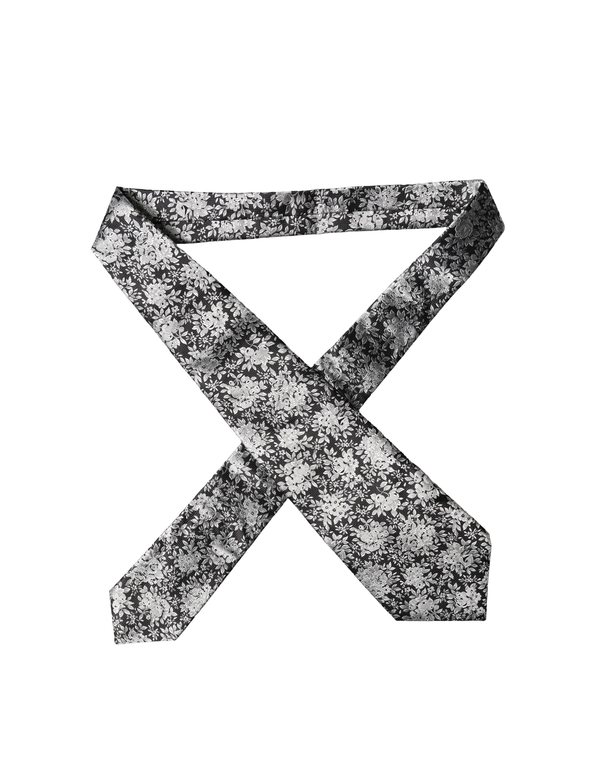 Dolce & Gabbana Black Silver Floral Silk Adjustable Women Necktie Tie Dolce & Gabbana
