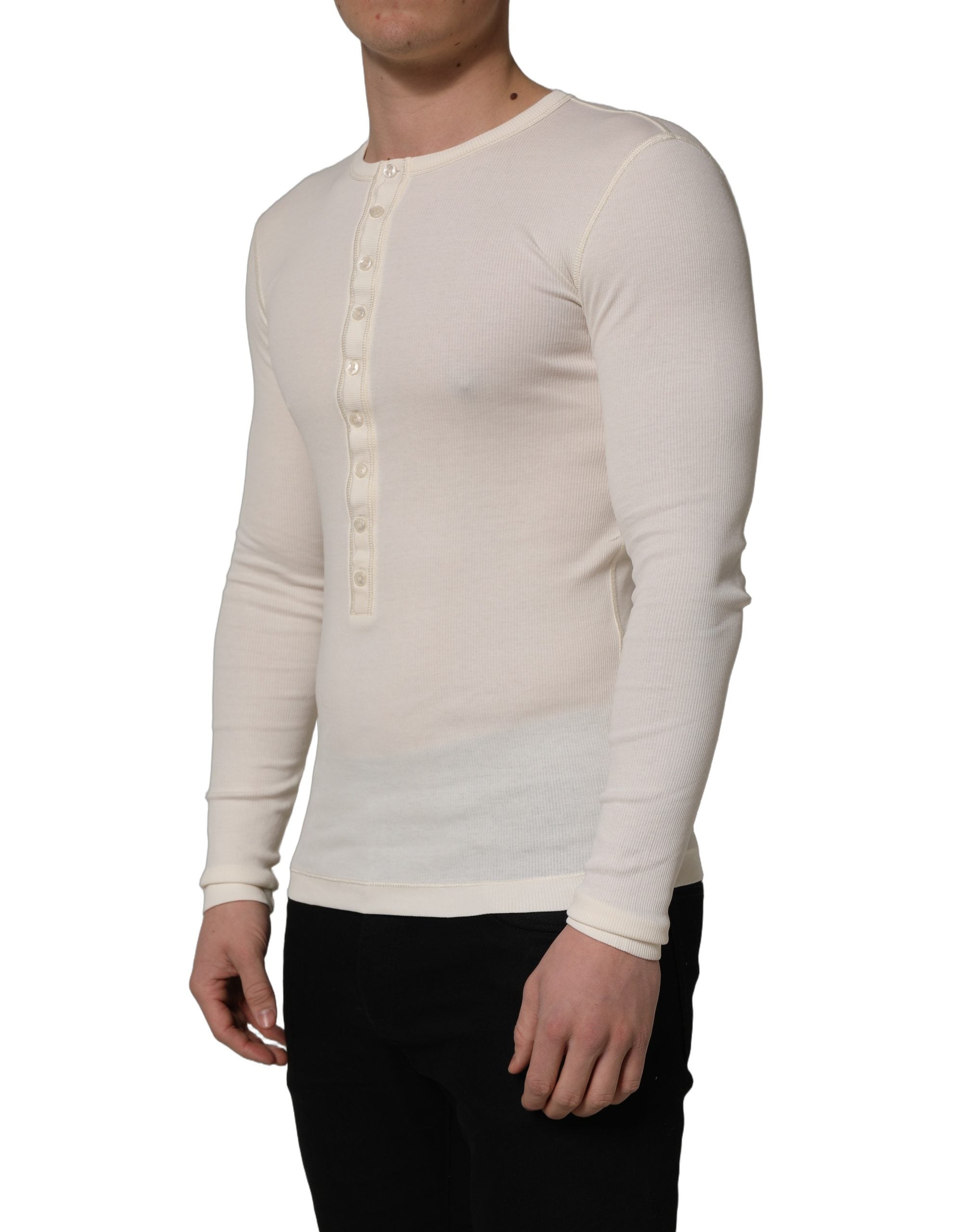 Dolce & Gabbana White Long Sleeves Henley Pullover Sweater Dolce & Gabbana