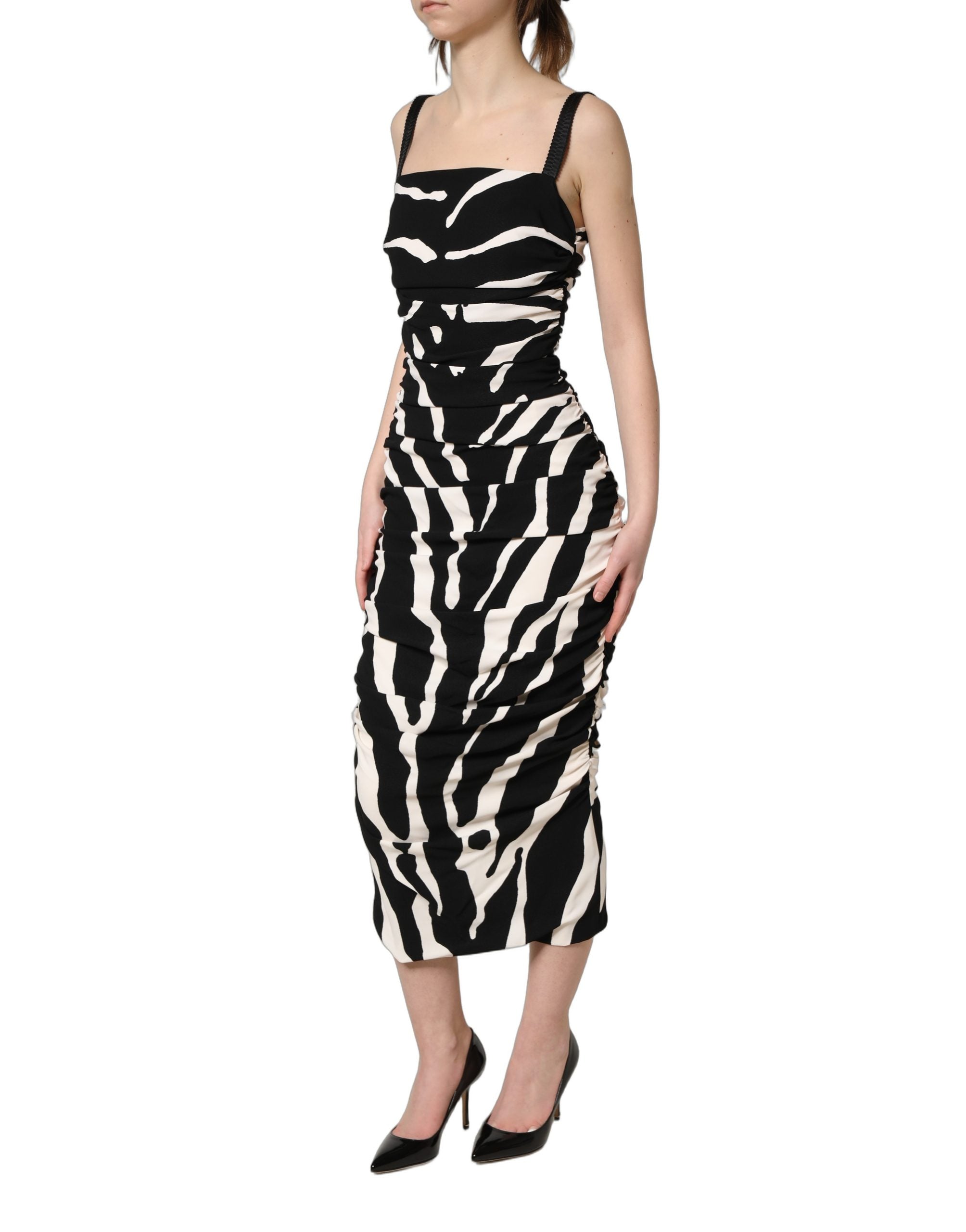 Dolce & Gabbana Black White Zebra Cady Calf Length Dress Dolce & Gabbana
