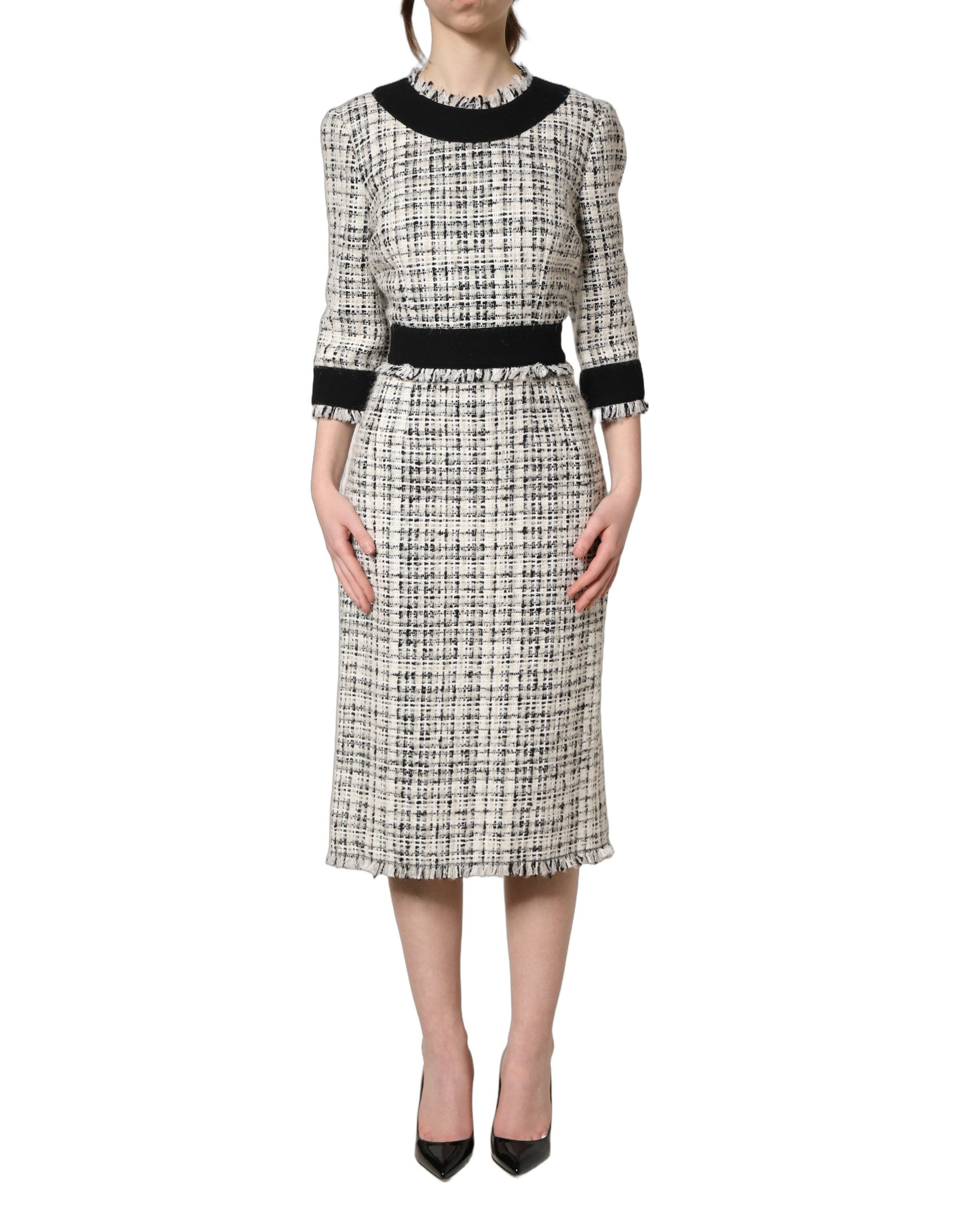 Dolce & Gabbana Black White Tweed Sheath A-line Midi Dress Dolce & Gabbana
