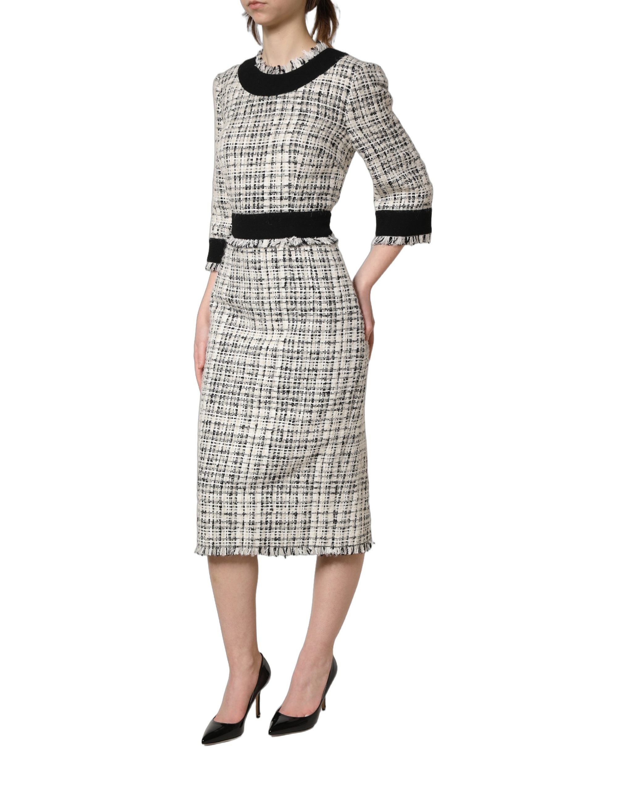 Dolce & Gabbana Black White Tweed Sheath A-line Midi Dress Dolce & Gabbana
