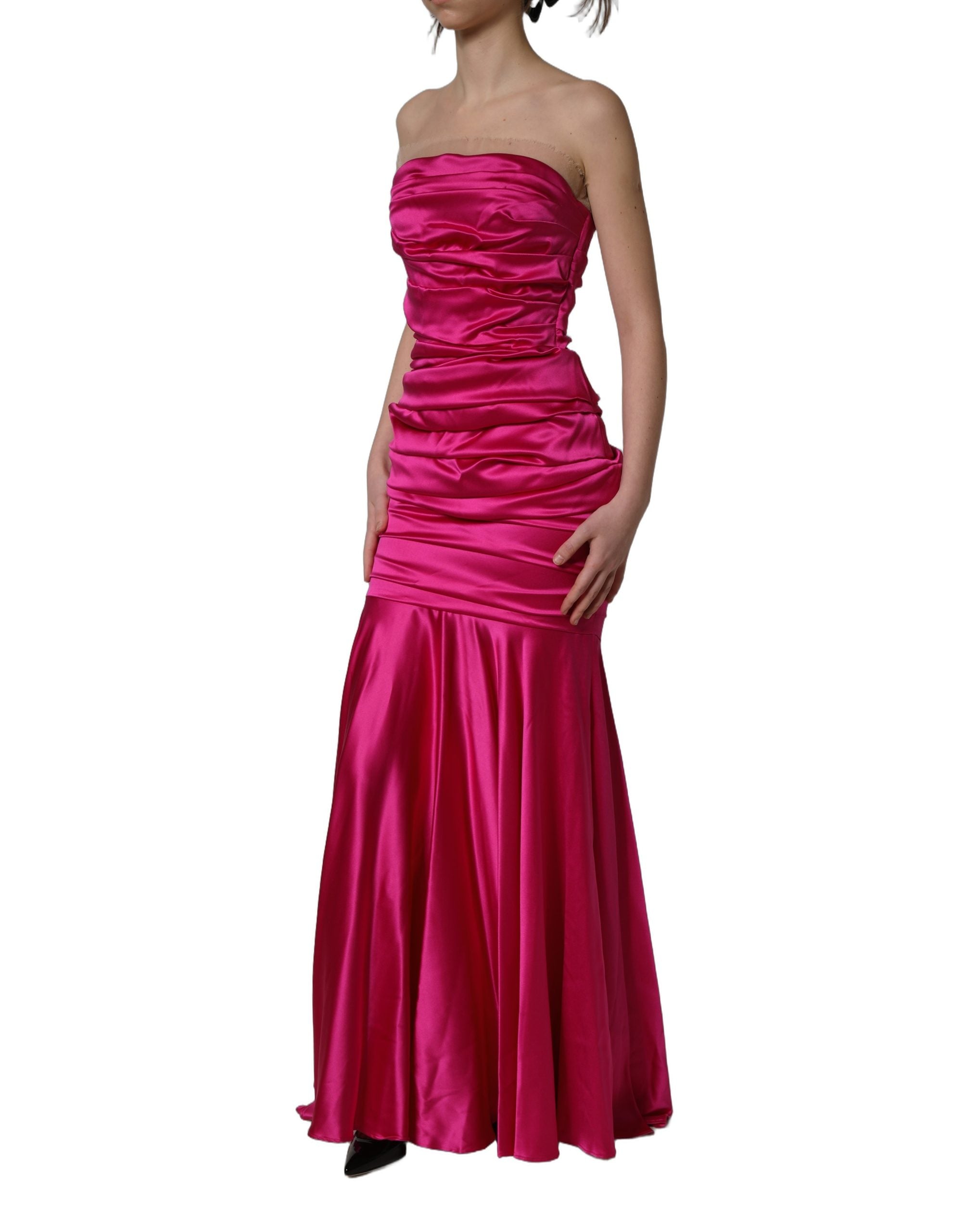 Dolce & Gabbana Hot Pink Ruched Satin Strapless Gown Dress Dolce & Gabbana