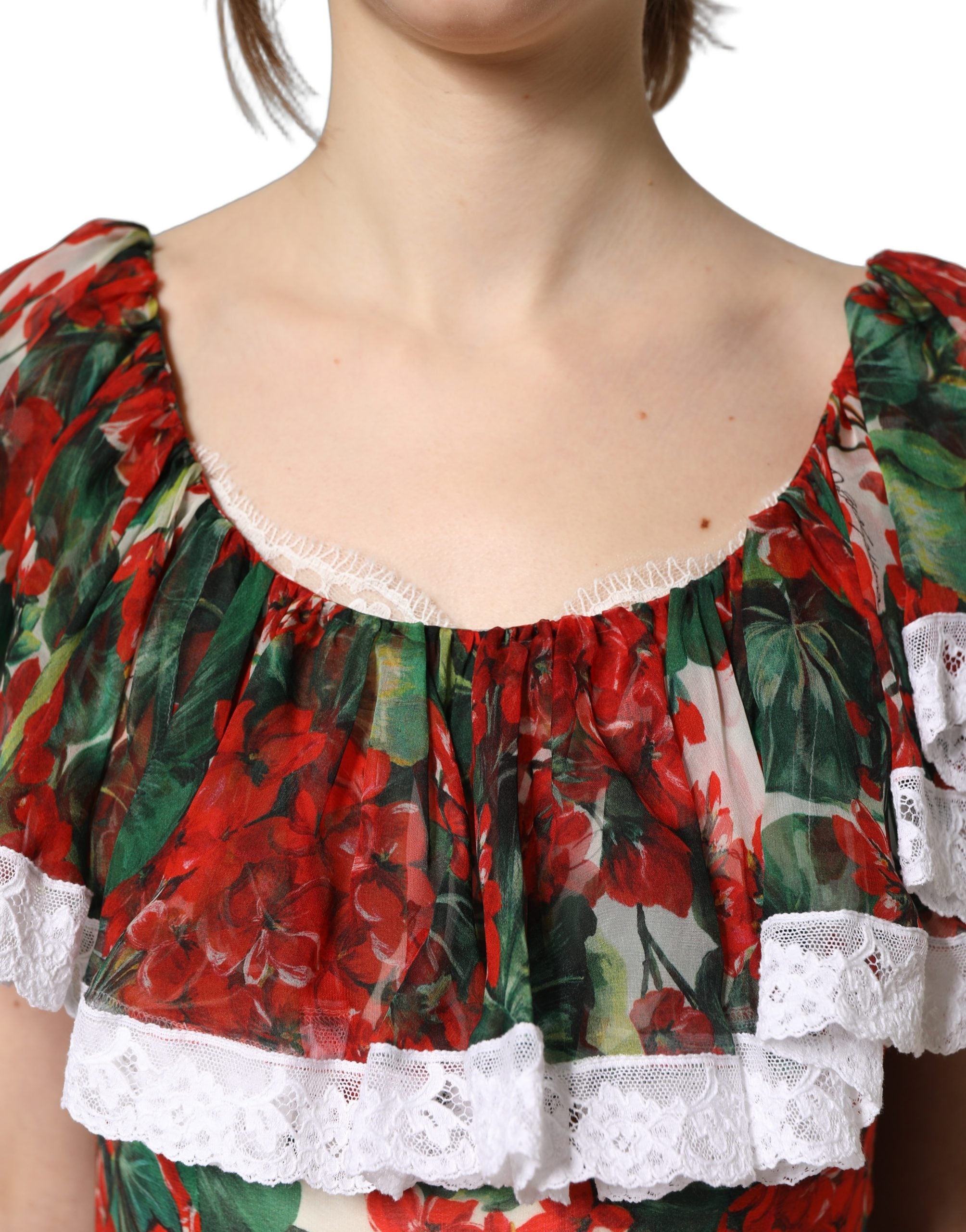 Dolce & Gabbana Multicolor Geranium Flower Lace Maxi Dress Dolce & Gabbana