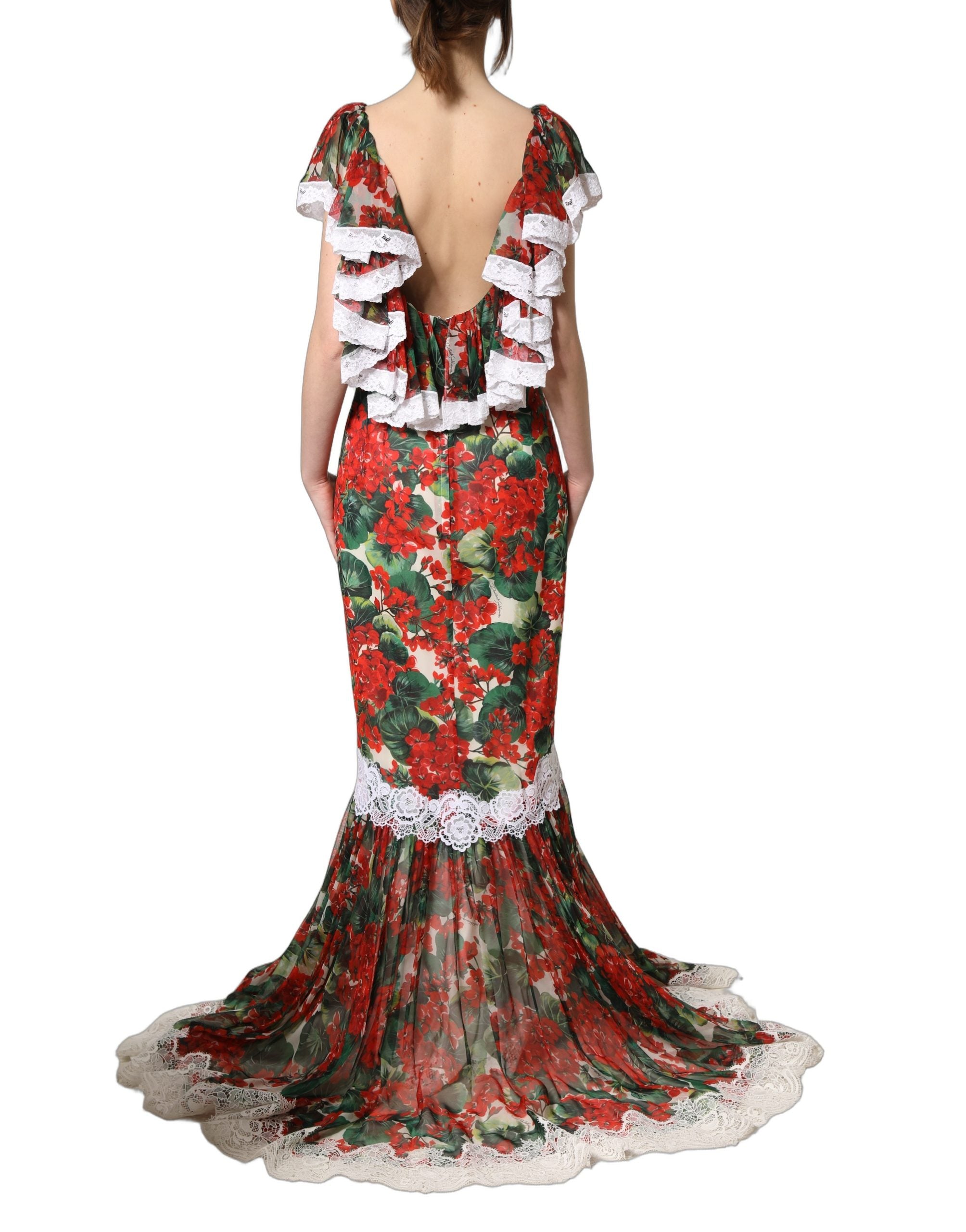Dolce & Gabbana Multicolor Geranium Flower Lace Maxi Dress Dolce & Gabbana
