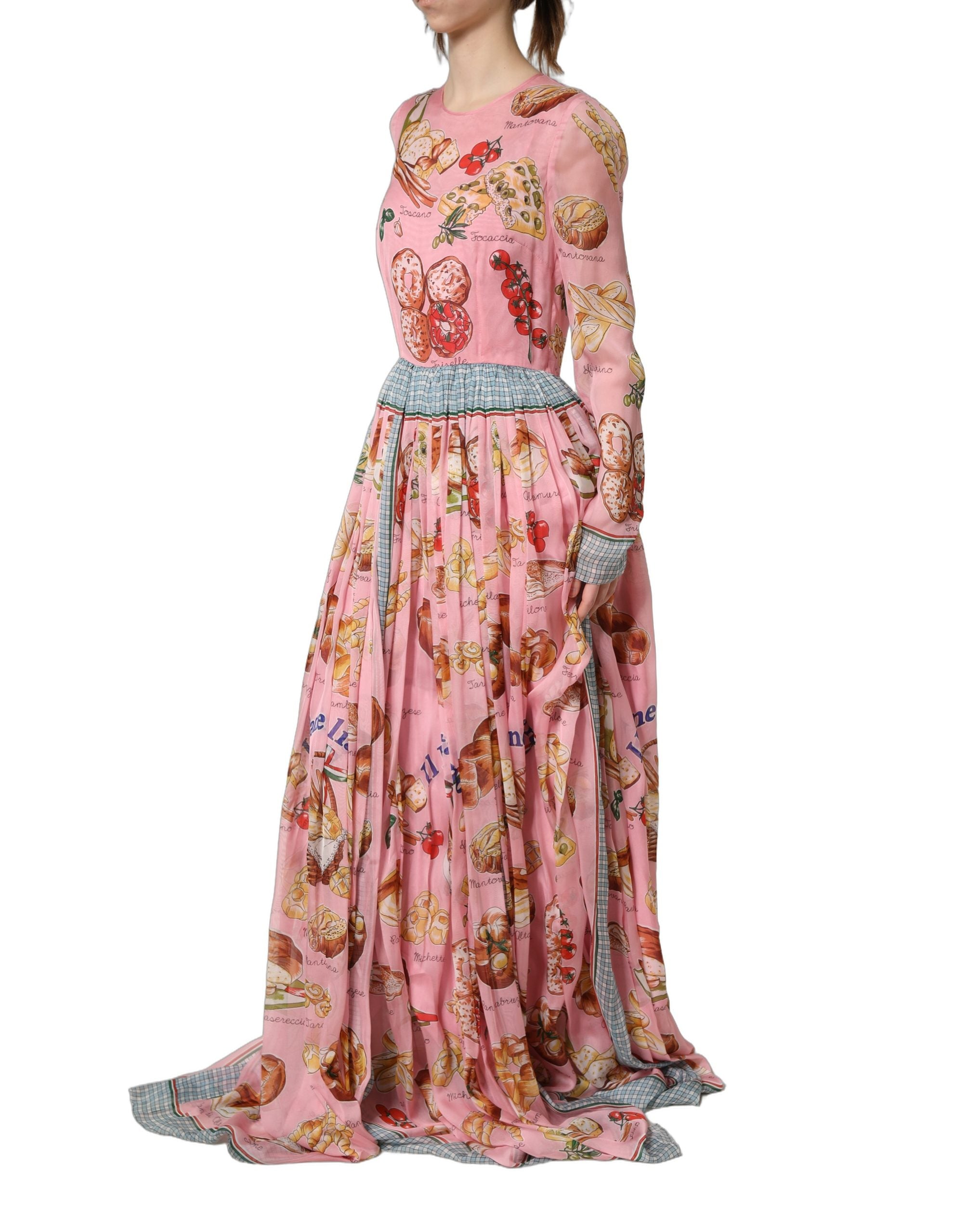 Dolce & Gabbana Light Pink Bread Print Pleated Maxi Dress Dolce & Gabbana