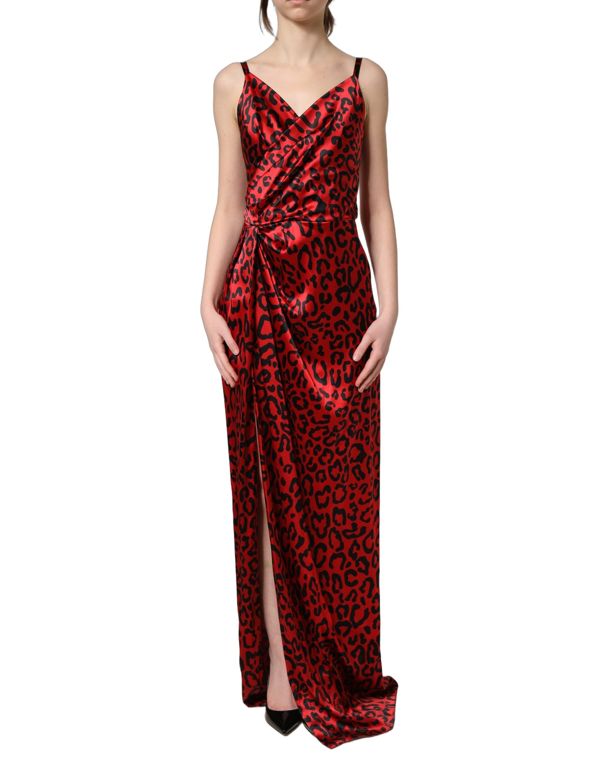 Dolce & Gabbana Red Leopard Draped Sleeveless Maxi Dress Dolce & Gabbana