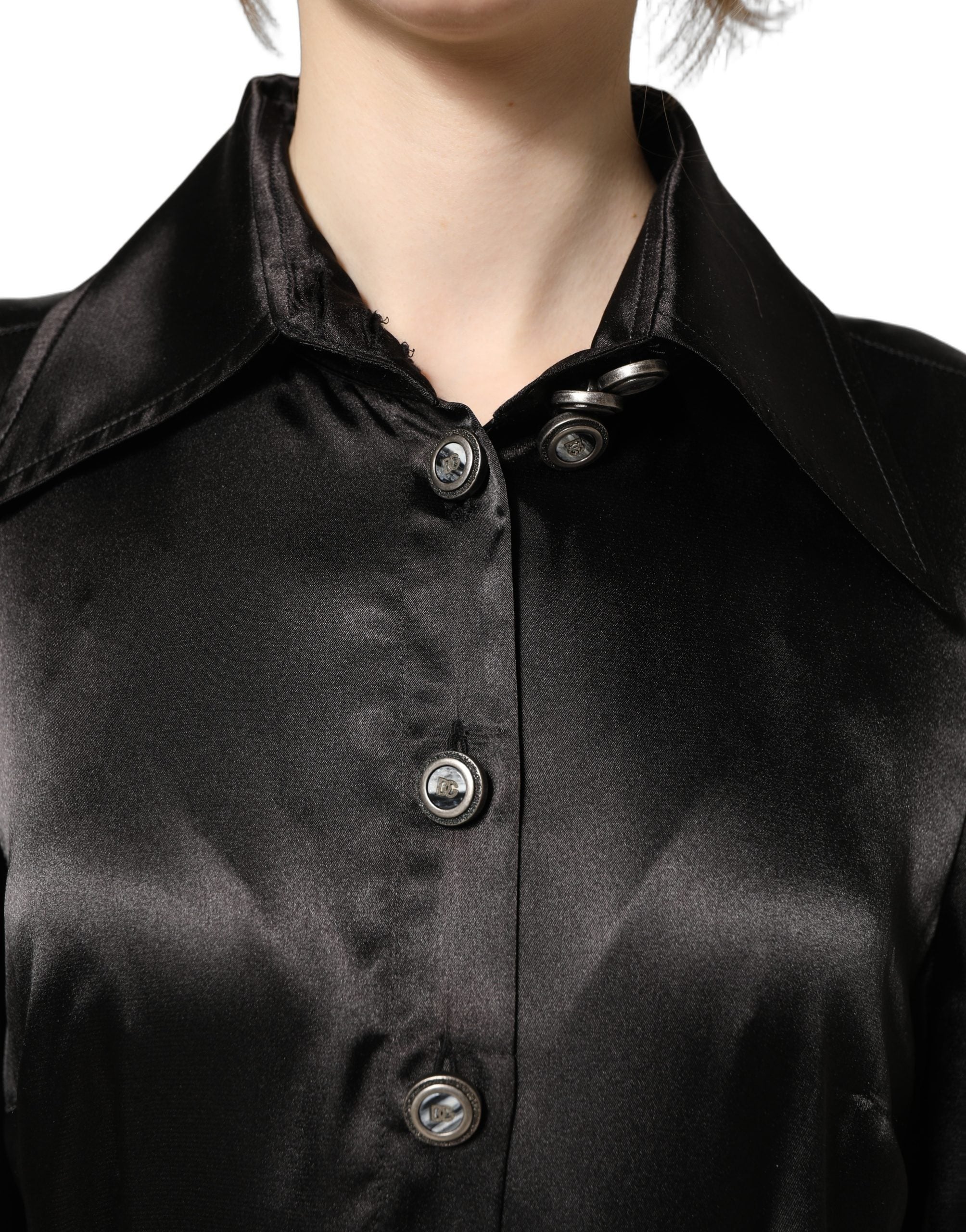 Dolce & Gabbana Black Satin Long Puff Sleeves Pleated Dress Dolce & Gabbana