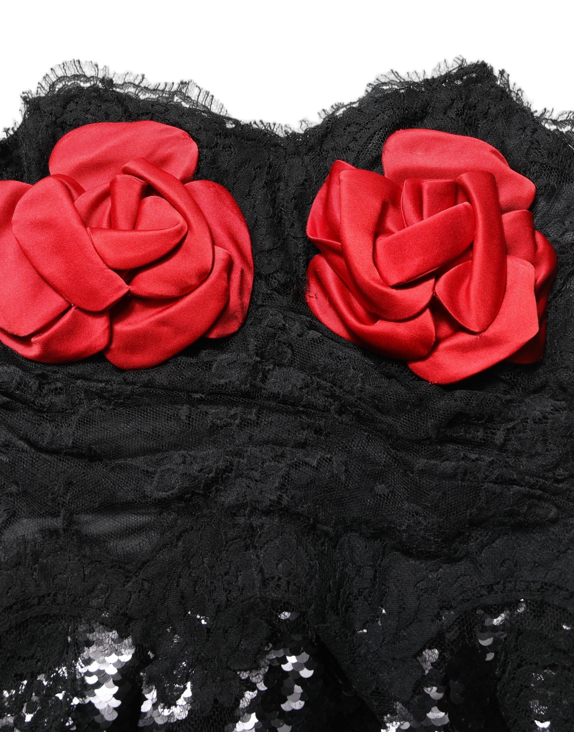 Dolce & Gabbana Black Strapless Red Rose Sequined Midi Dress Dolce & Gabbana