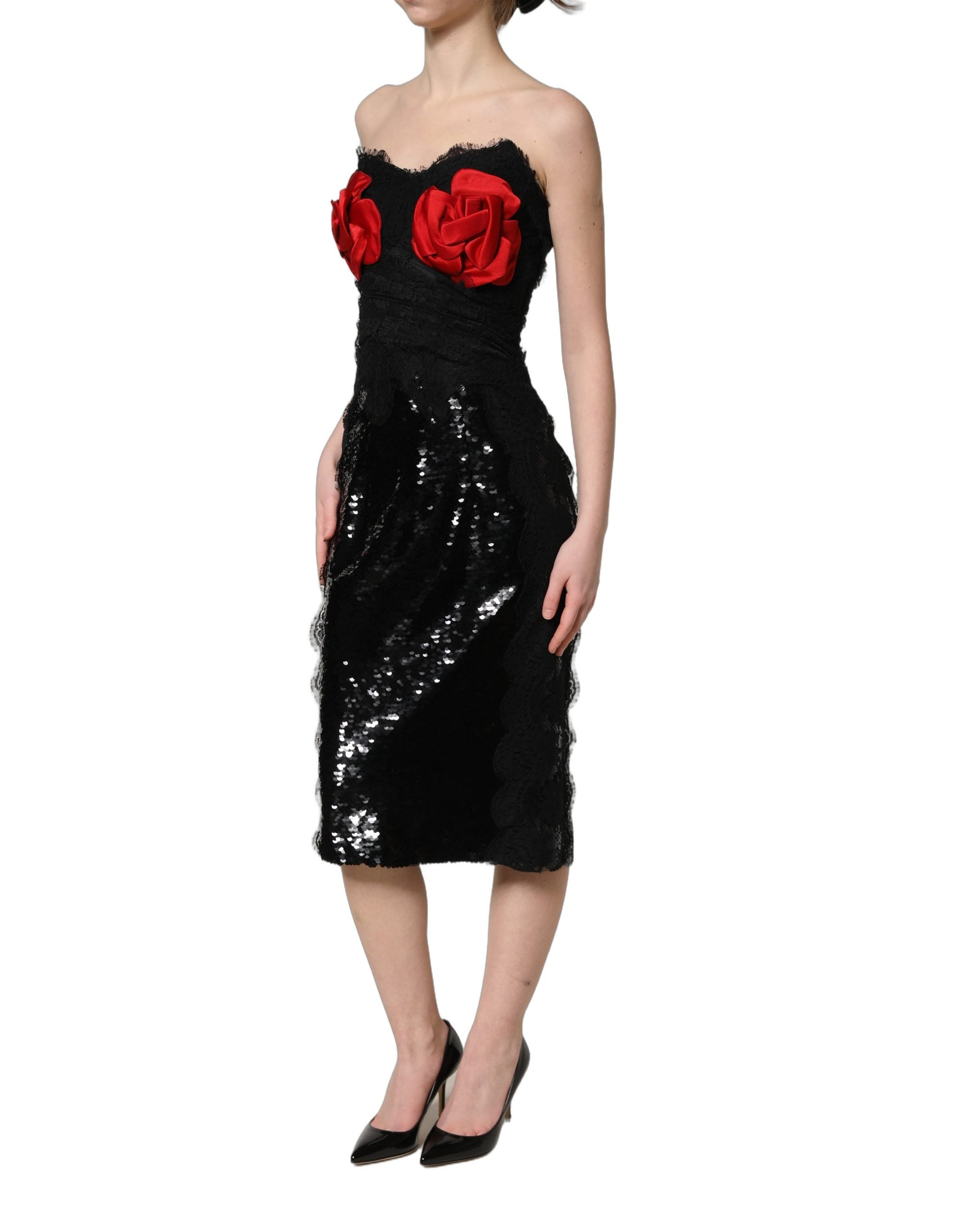 Dolce & Gabbana Black Strapless Red Rose Sequined Midi Dress Dolce & Gabbana