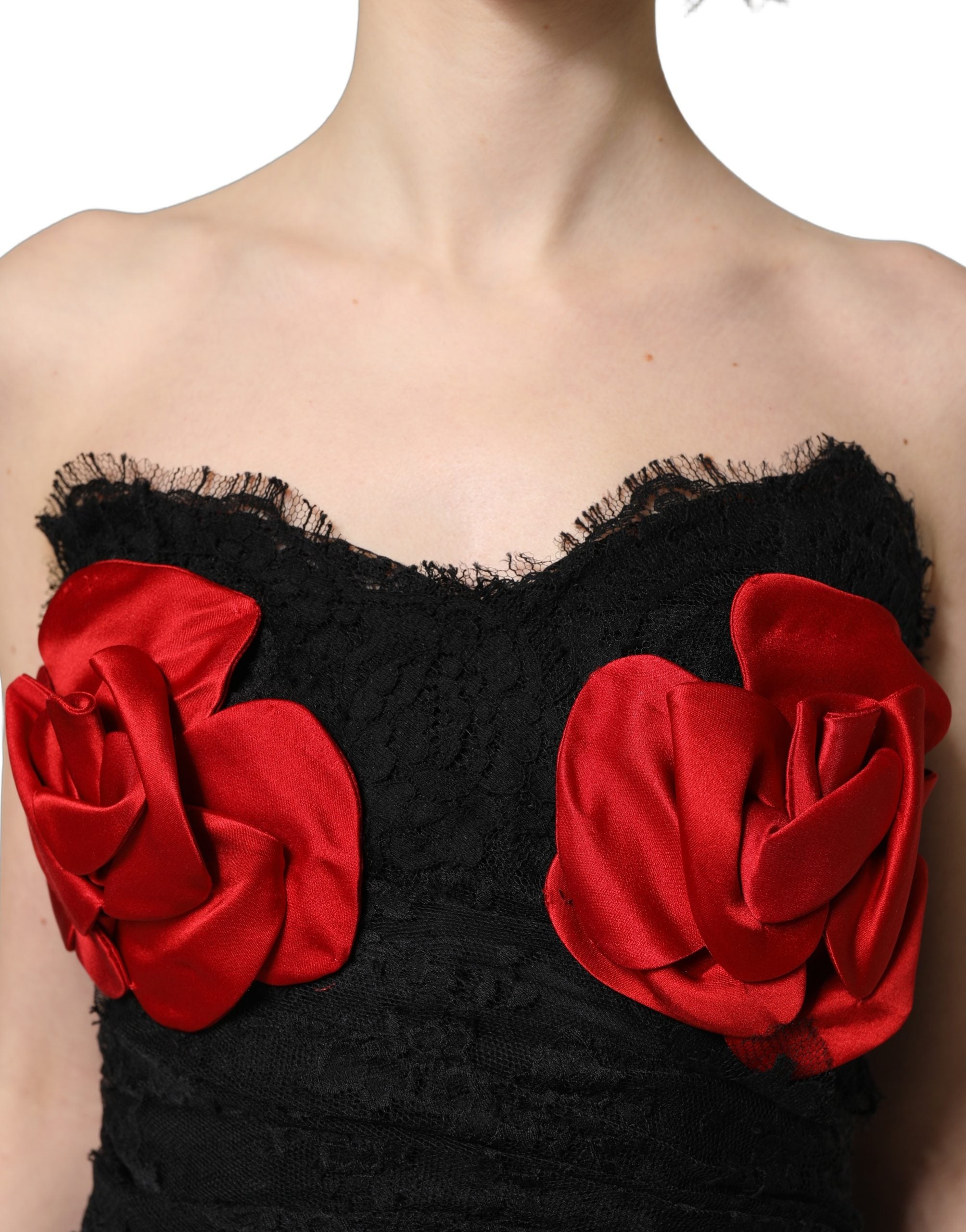 Dolce & Gabbana Black Strapless Red Rose Sequined Midi Dress Dolce & Gabbana