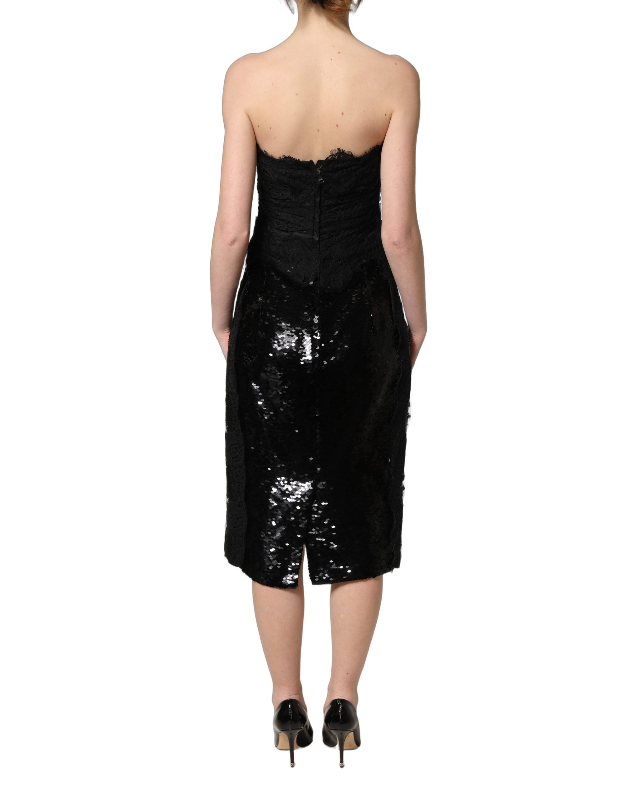 Dolce & Gabbana Black Strapless Red Rose Sequined Midi Dress Dolce & Gabbana