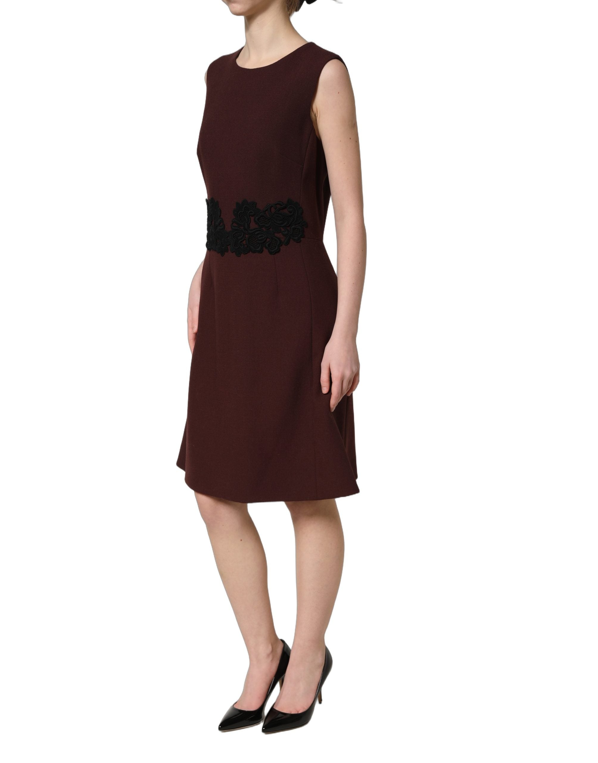 Dolce & Gabbana Maroon Lace Sleeveless Knee Length Dress Dolce & Gabbana