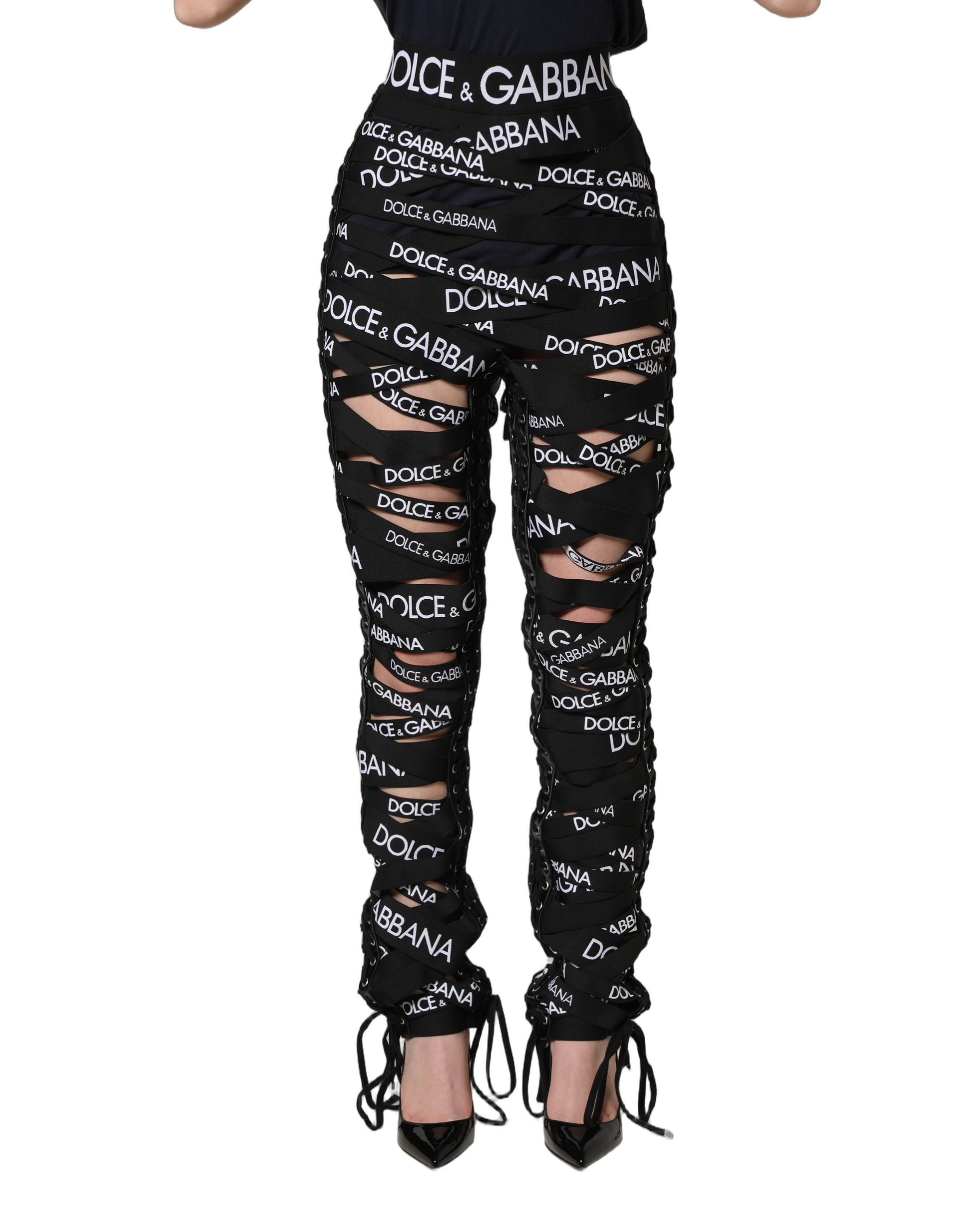 Dolce & Gabbana Black Logo Tape Cut Out Skinny High Waist Pants Dolce & Gabbana