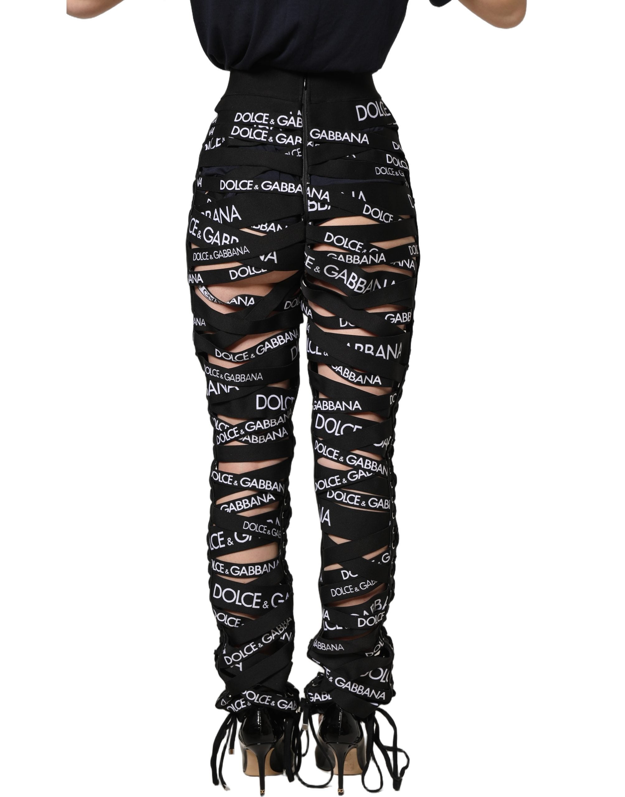 Dolce & Gabbana Black Logo Tape Cut Out Skinny High Waist Pants Dolce & Gabbana