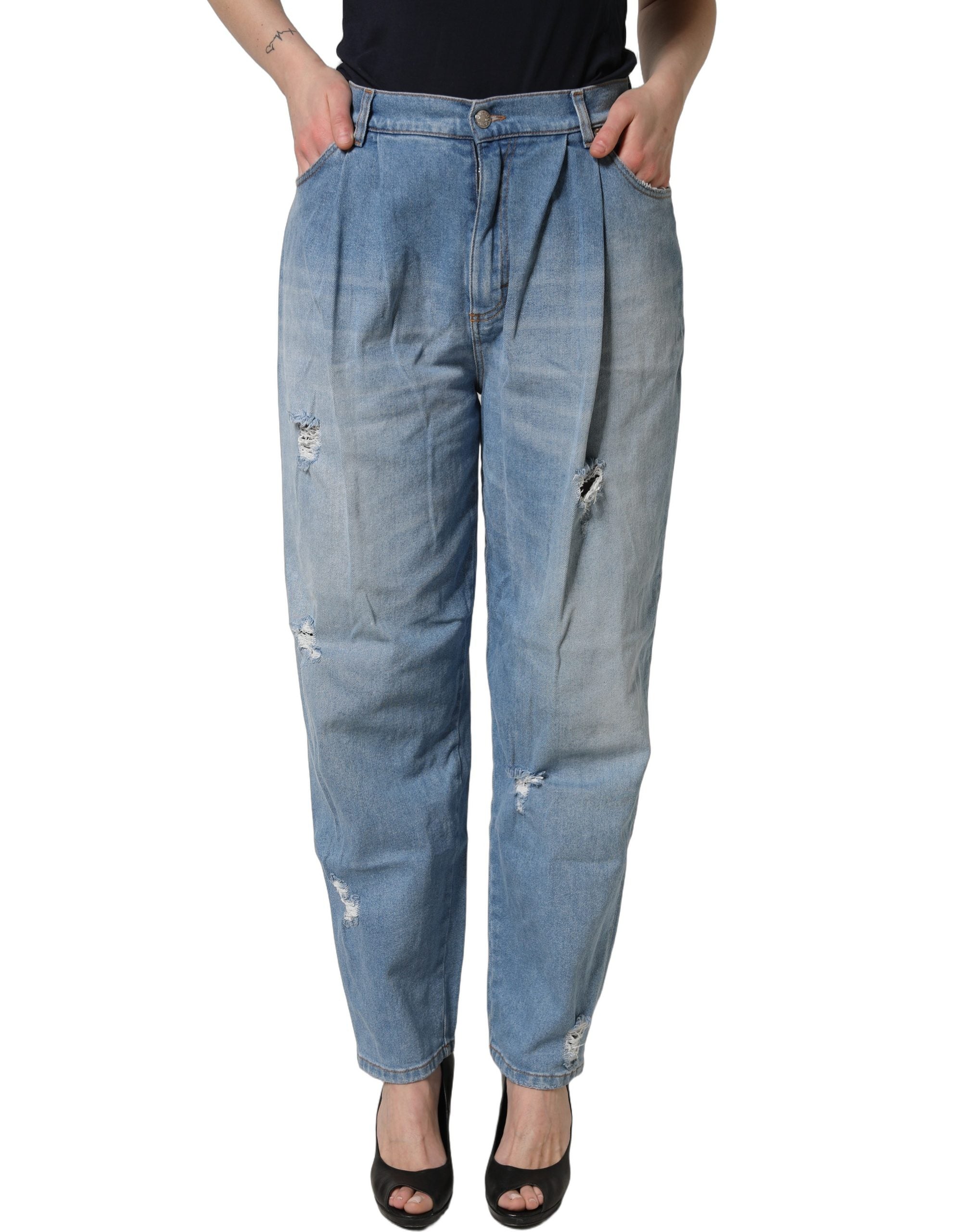 Dolce & Gabbana Blue Distressed Pleated Cotton Denim Jeans Dolce & Gabbana