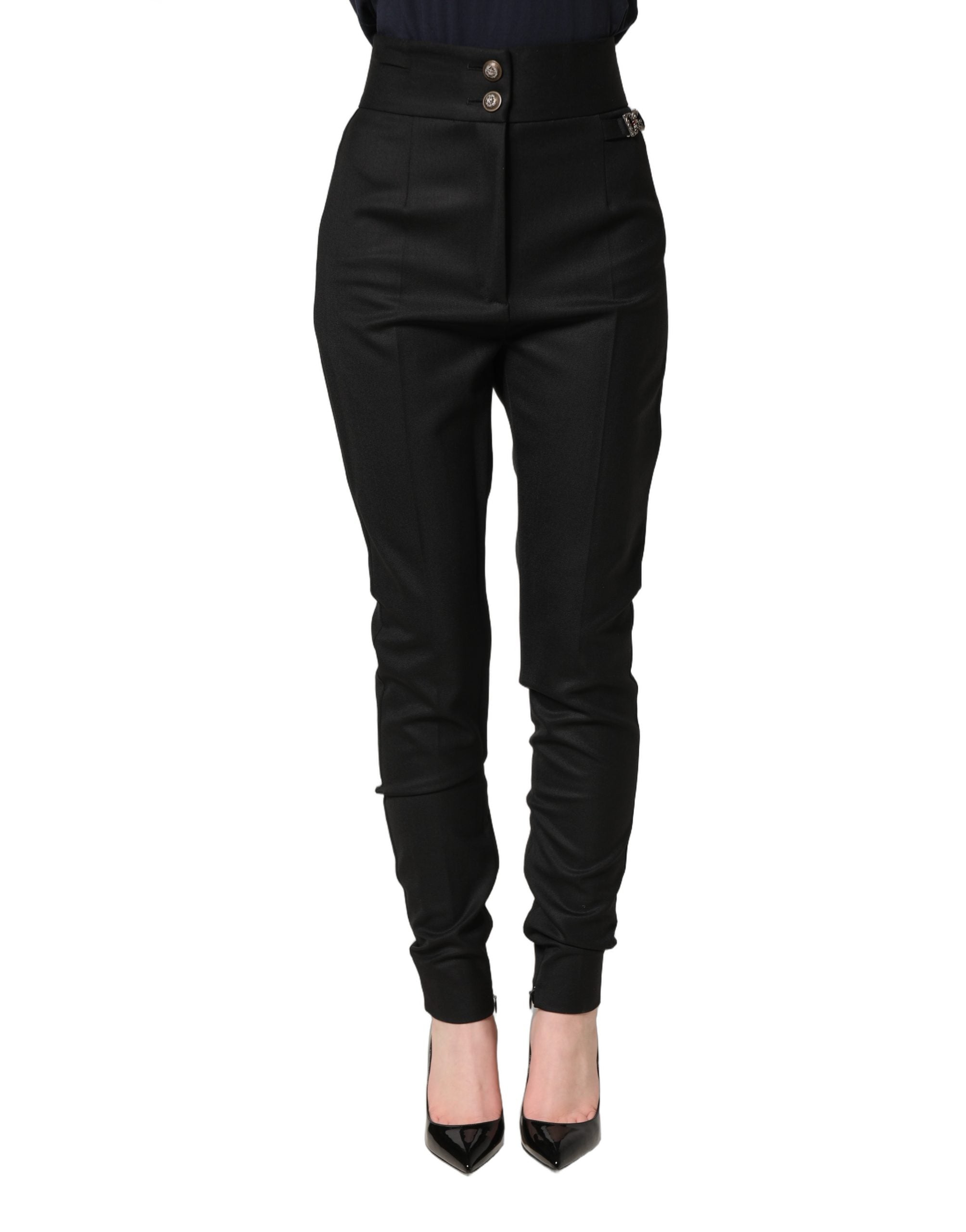 Dolce & Gabbana Black Wool High Waisted Logo Trouser Pants Dolce & Gabbana