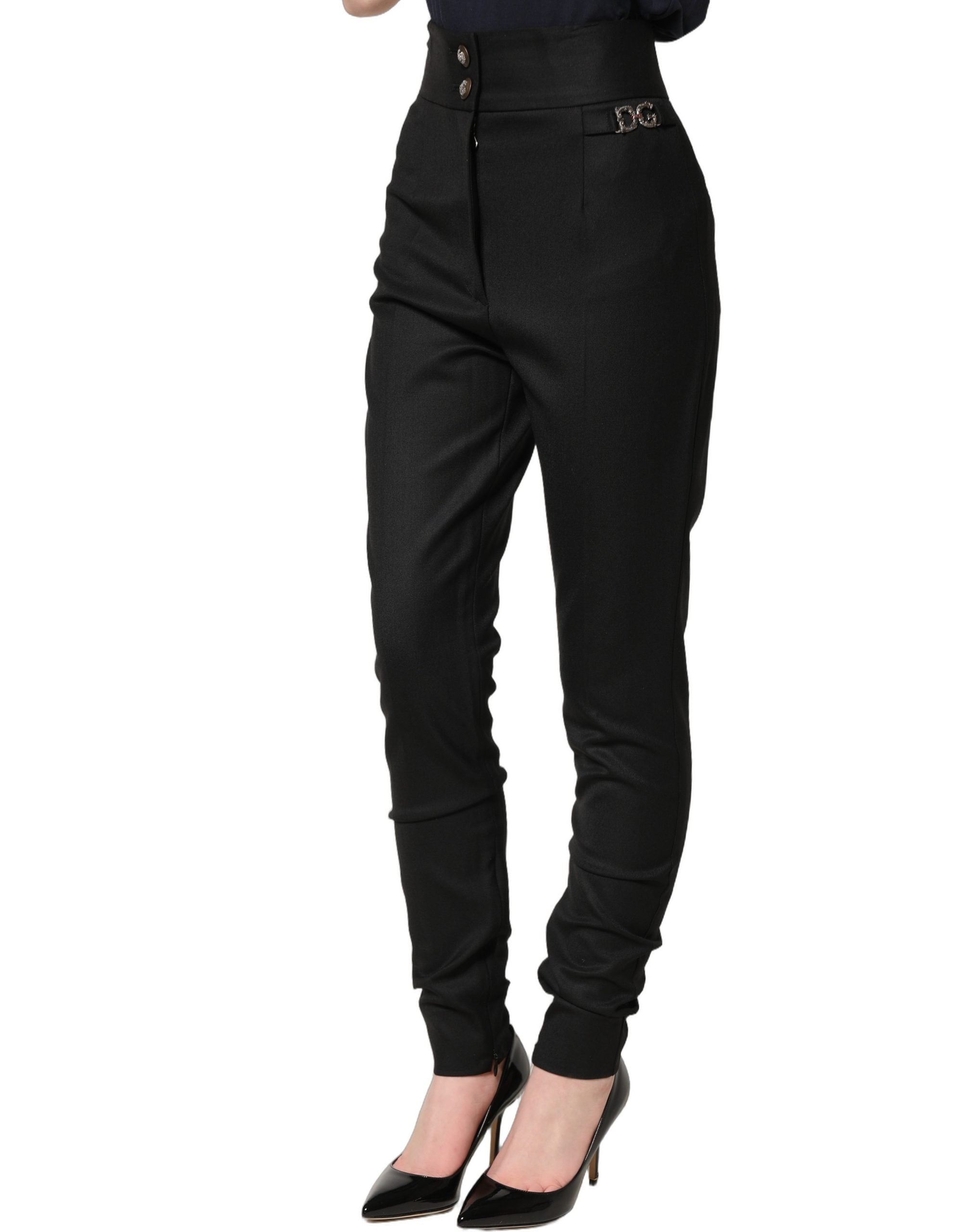 Dolce & Gabbana Black Wool High Waisted Logo Trouser Pants Dolce & Gabbana