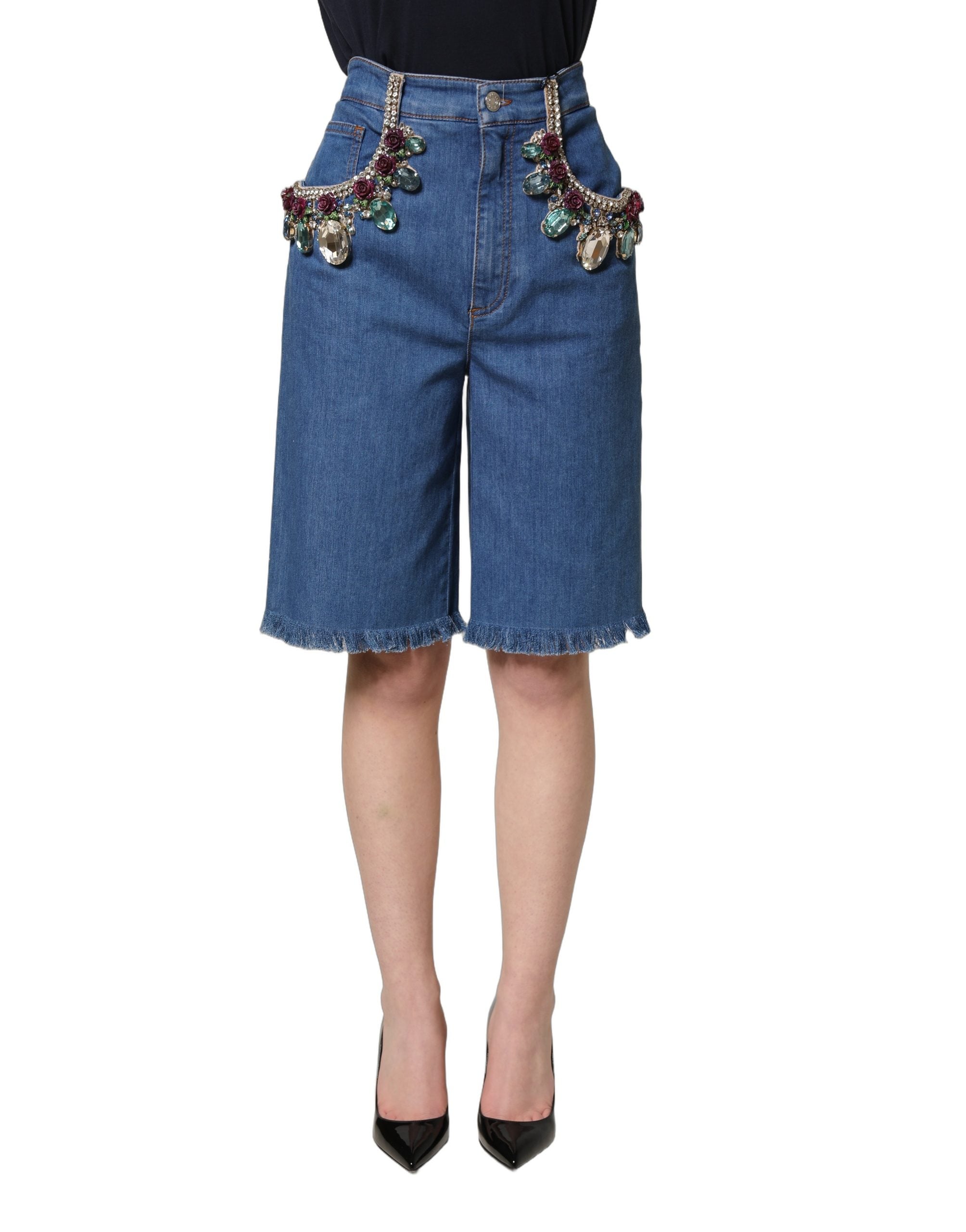 Dolce & Gabbana Blue Cotton Embellished BermudaDenim Shorts Dolce & Gabbana