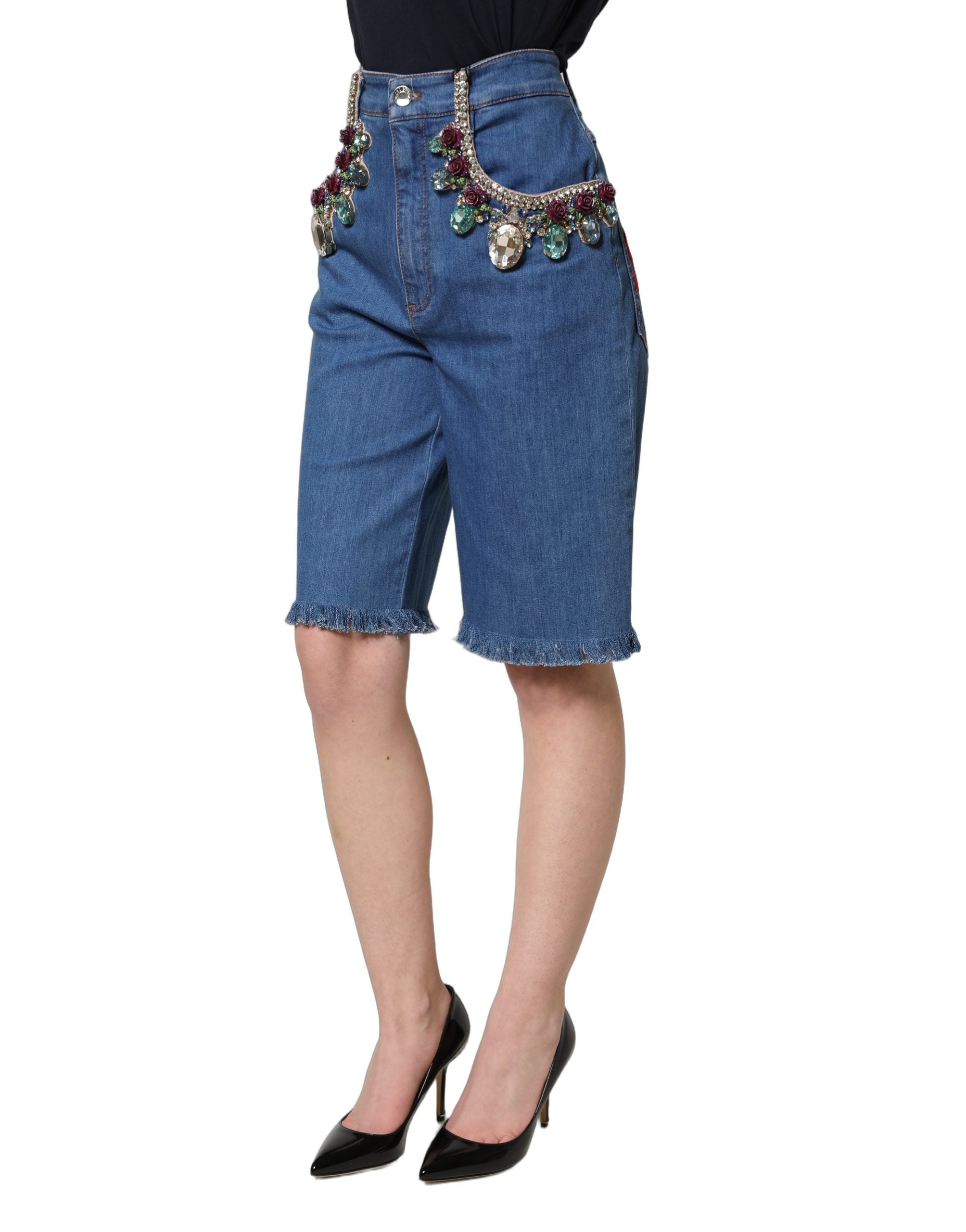 Dolce & Gabbana Blue Cotton Embellished BermudaDenim Shorts Dolce & Gabbana