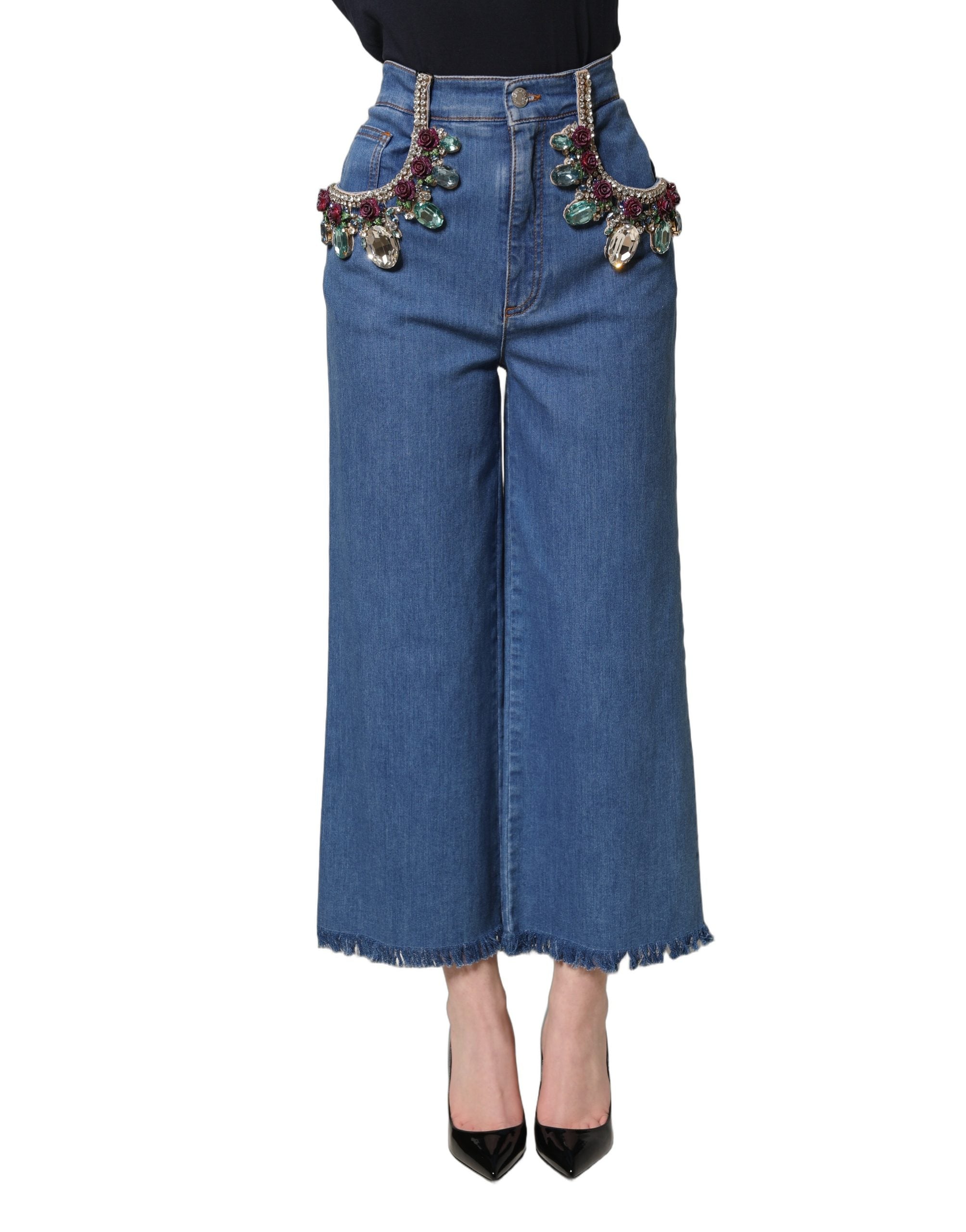 Dolce & Gabbana Blue Embellished Wide Cropped Denim Jeans Dolce & Gabbana