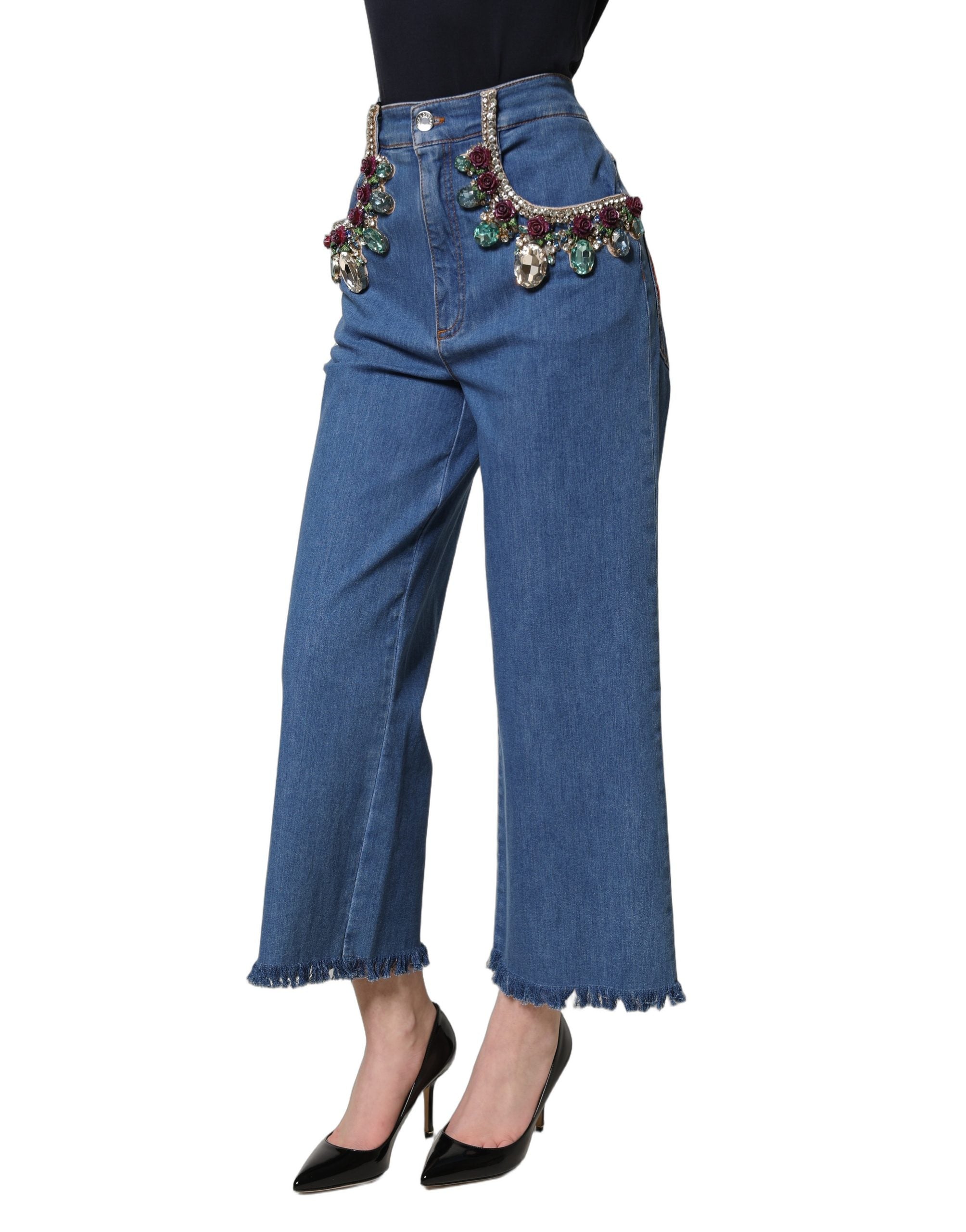 Dolce & Gabbana Blue Embellished Wide Cropped Denim Jeans Dolce & Gabbana