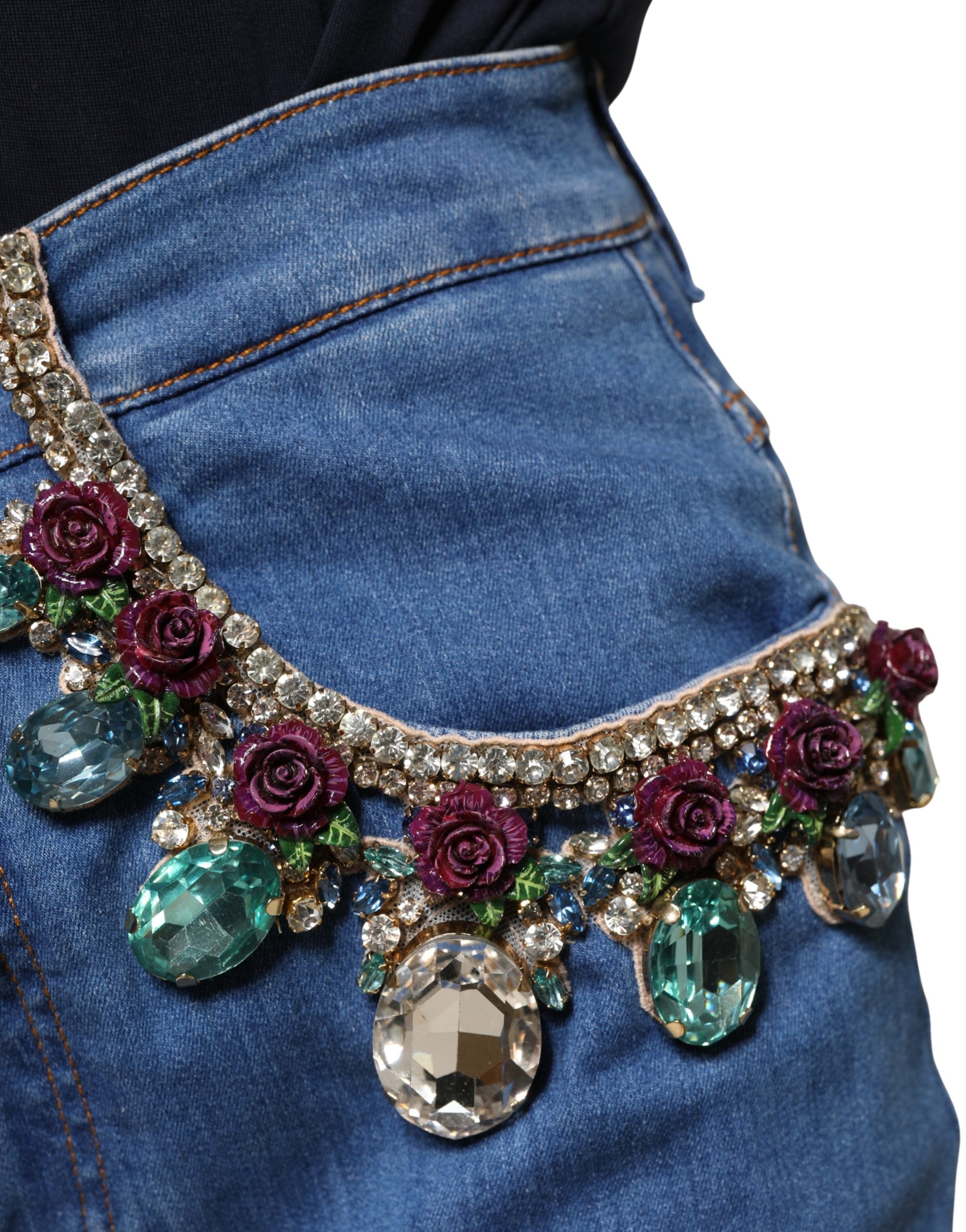 Dolce & Gabbana Blue Embellished Wide Cropped Denim Jeans Dolce & Gabbana