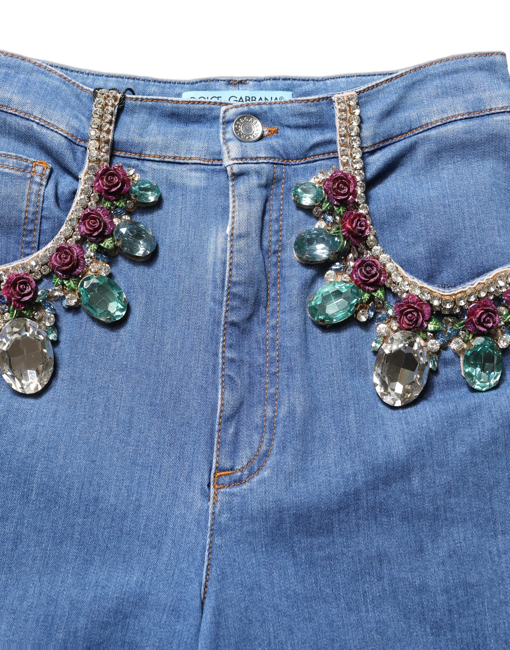 Dolce & Gabbana Blue Embellished Wide Cropped Denim Jeans Dolce & Gabbana