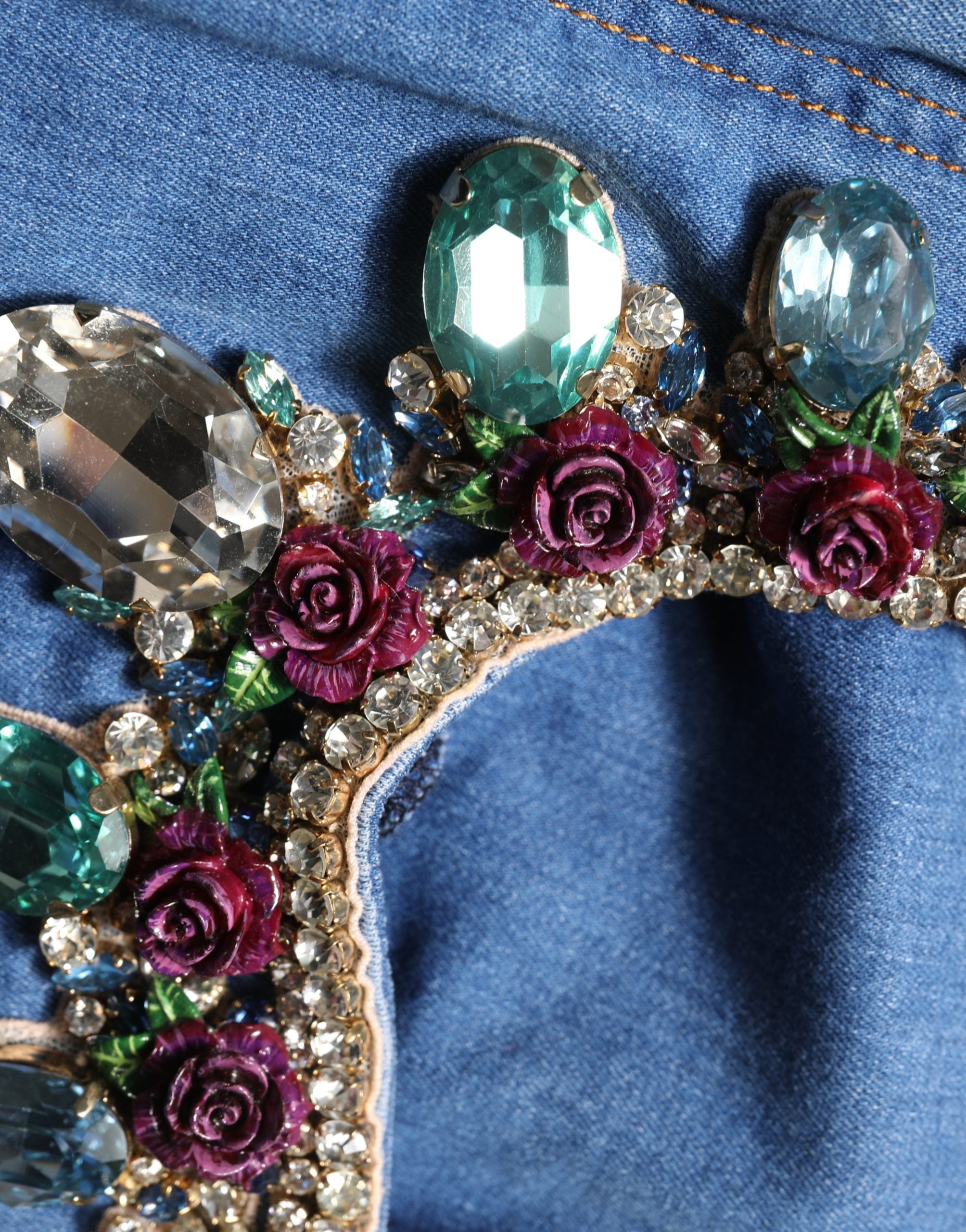 Dolce & Gabbana Blue Embellished Wide Cropped Denim Jeans Dolce & Gabbana