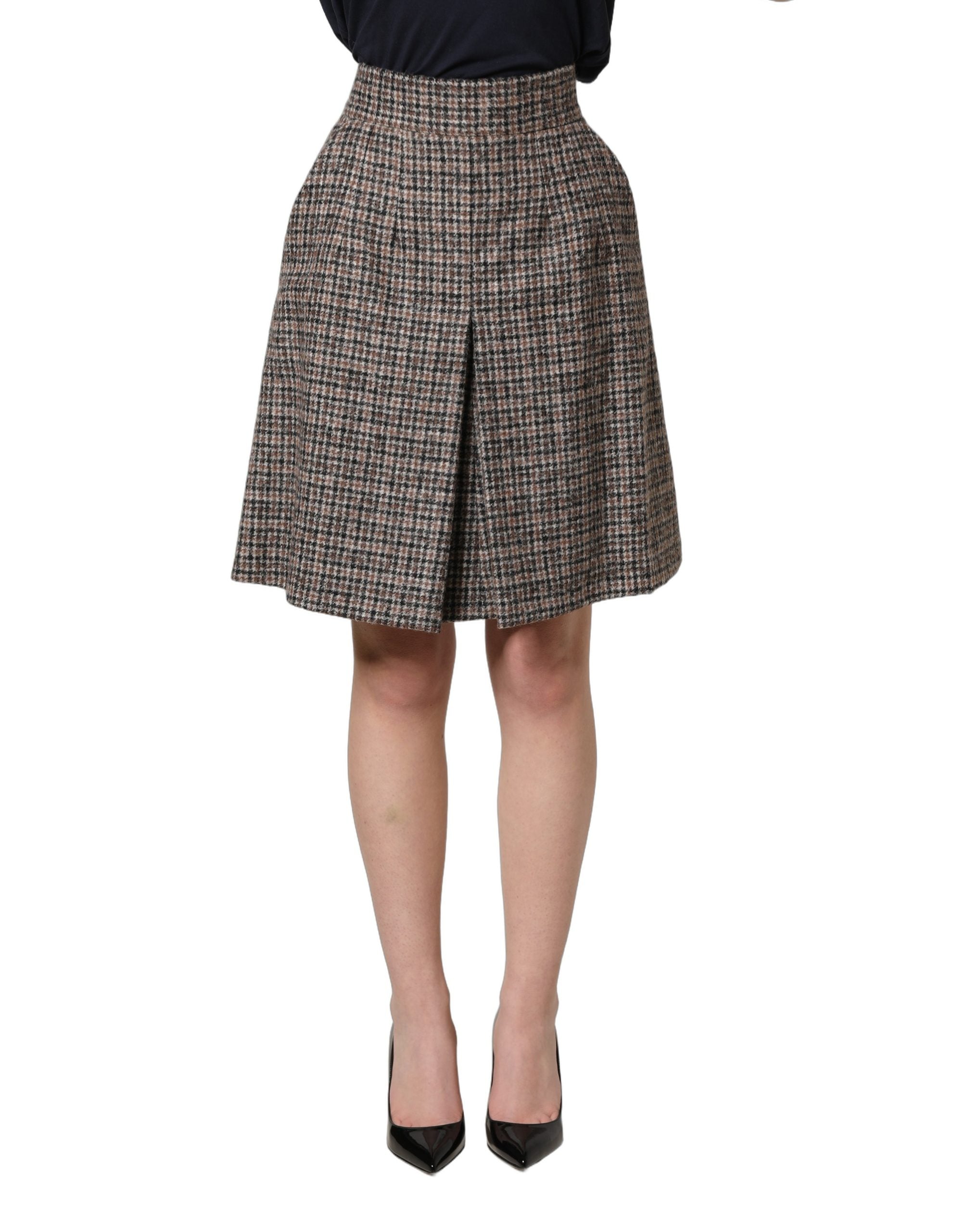 Dolce & Gabbana Brown Tweed Kick Pleat High Waist Mini Skirt Dolce & Gabbana