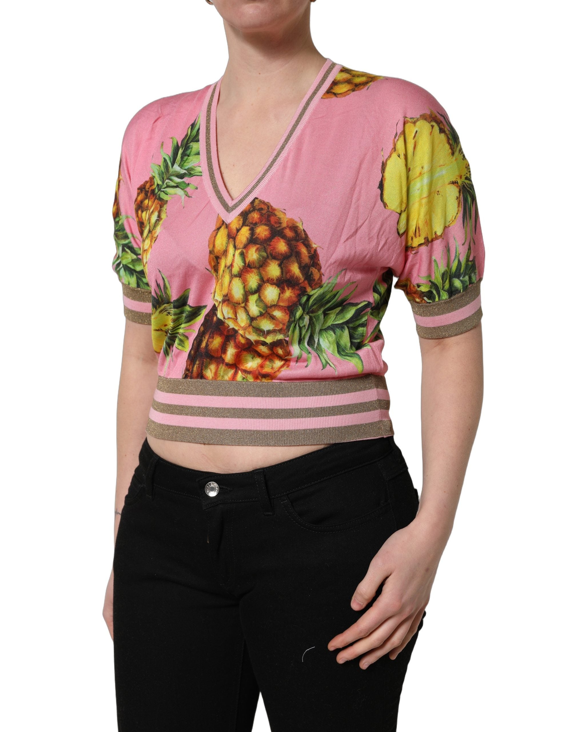 Dolce & Gabbana Pink Pineapple Vneck Short Sleeve Cropped Top Dolce & Gabbana