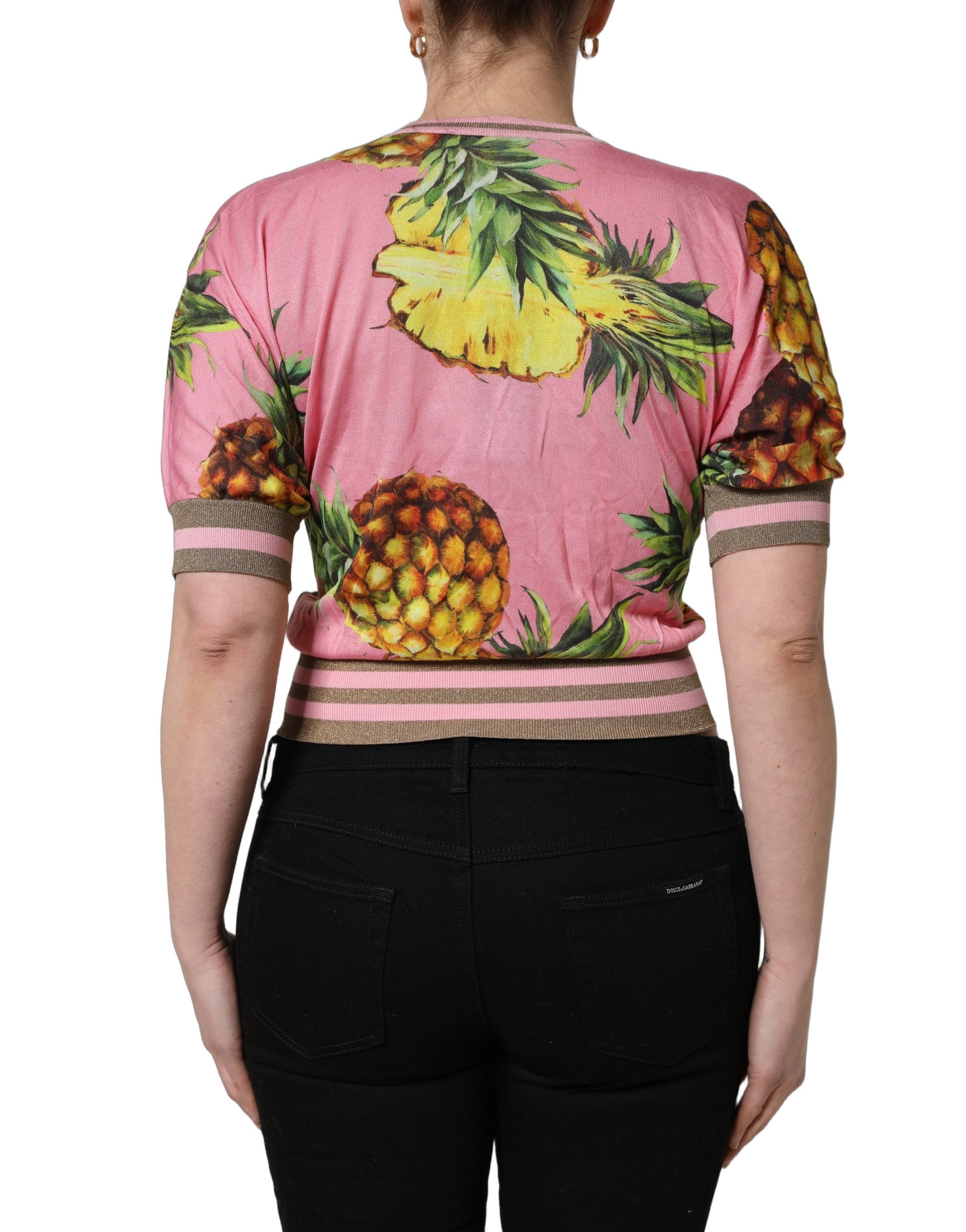 Dolce & Gabbana Pink Pineapple Vneck Short Sleeve Cropped Top Dolce & Gabbana