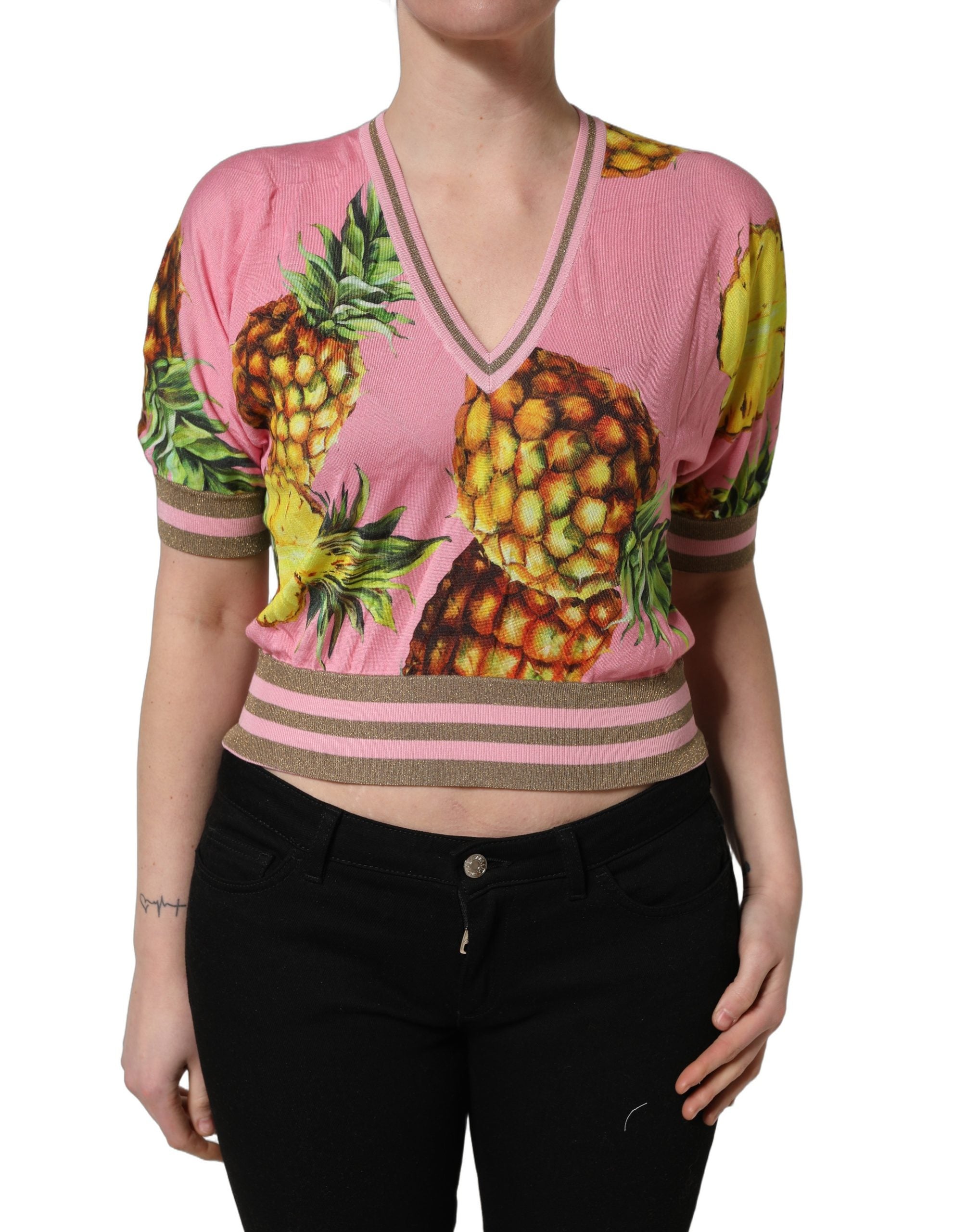 Dolce & Gabbana Pink Pineapple Vneck Short Sleeve Cropped Top Dolce & Gabbana