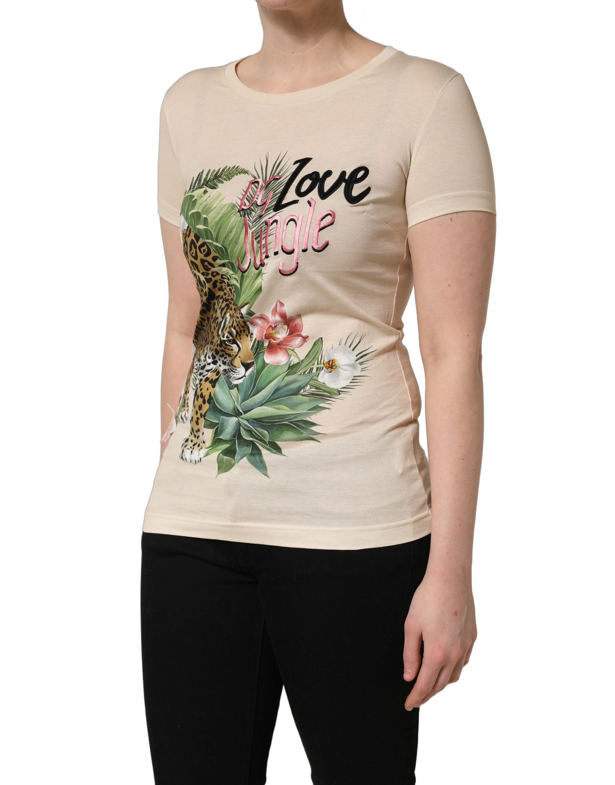 Dolce & Gabbana Beige Jungle Print Cotton Round Neck T-Shirt Dolce & Gabbana