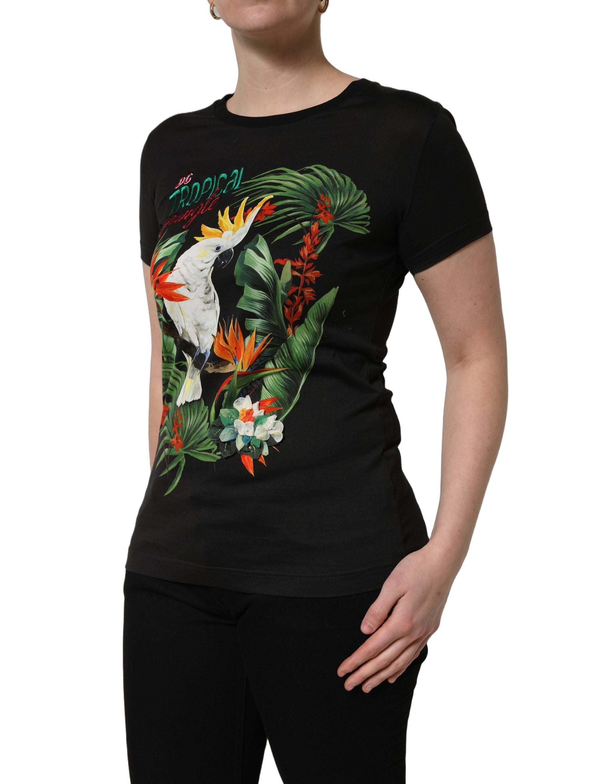Dolce & Gabbana Black Tropical Print Cotton Round Neck T-Shirt Dolce & Gabbana